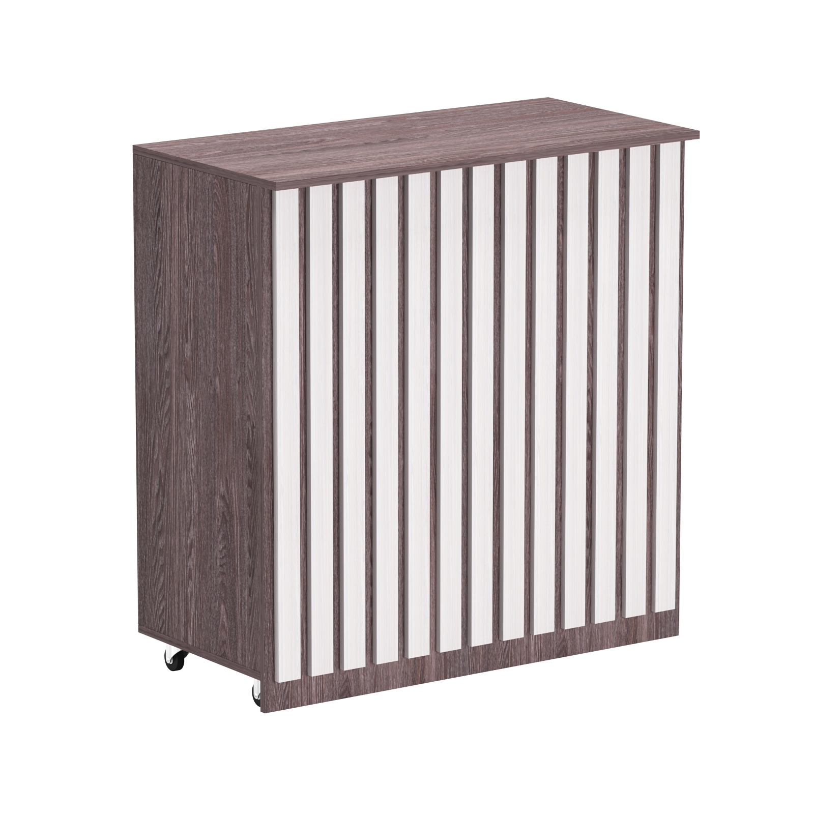 Торговый прилавок под кассу выкатной прямоугольный с планками серии ПРИЛИВ №1 Ясень Анкор темный + Ясень Анкор светлый