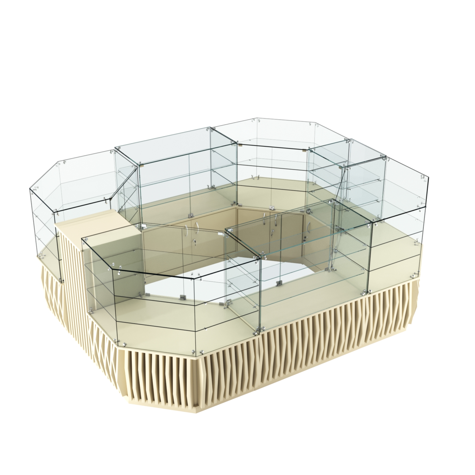 Торговый прямоугольный островок с низким накопителем и планками серии ОРНАМЕНТ №1 (6,48 кв.м) Крем Вайс