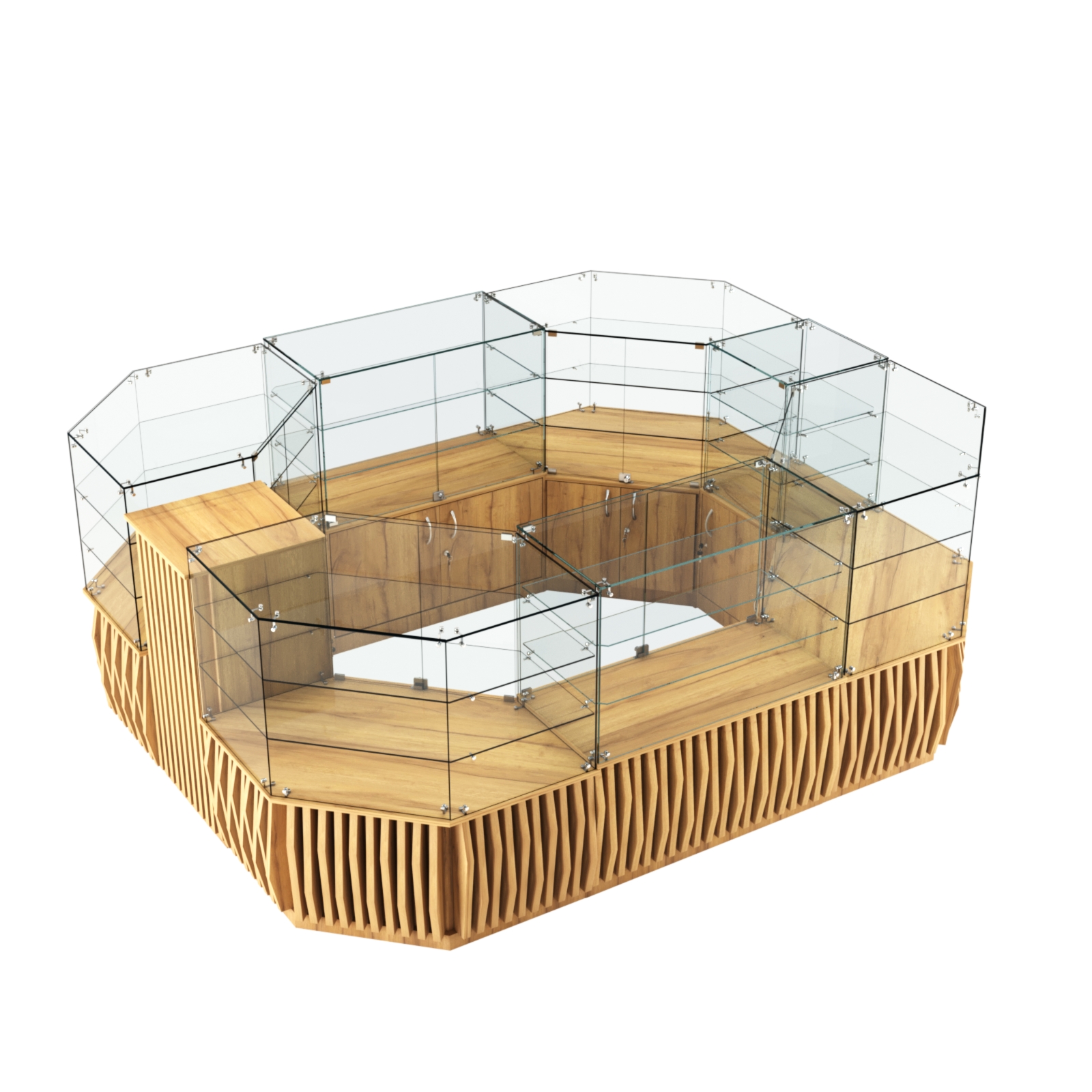 Торговый прямоугольный островок с низким накопителем и планками серии ОРНАМЕНТ №1 (6,48 кв.м) Дуб Золотистый