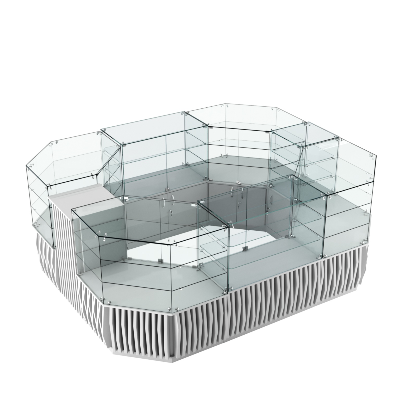 Торговый прямоугольный островок с низким накопителем и планками серии ОРНАМЕНТ №1 (6,48 кв.м) Серый