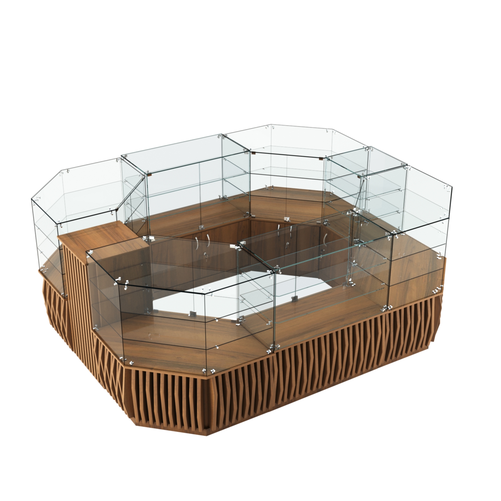 Торговый прямоугольный островок с низким накопителем и планками серии ОРНАМЕНТ №1 (6,48 кв.м) Орех