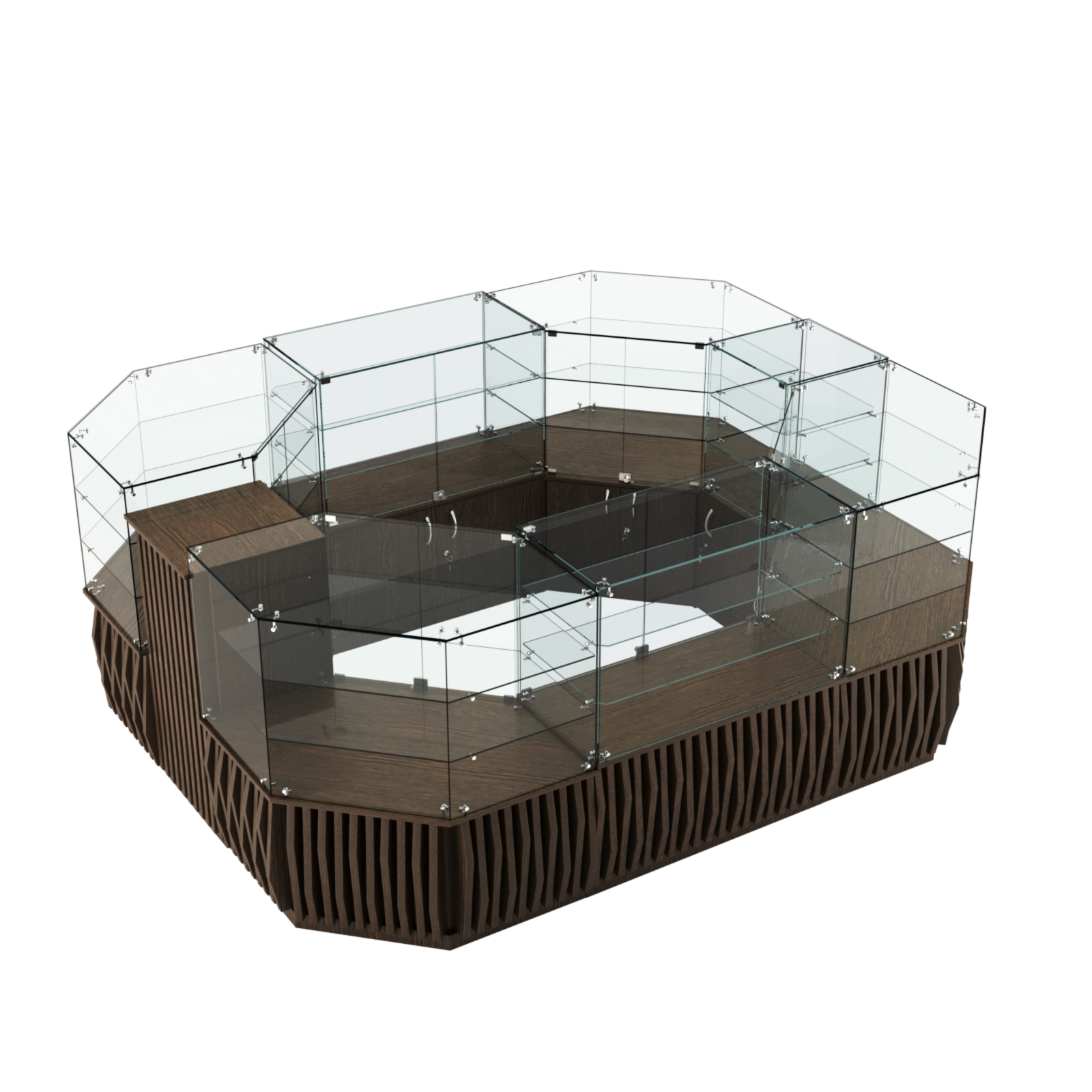 Торговый прямоугольный островок с низким накопителем и планками серии ОРНАМЕНТ №1 (6,48 кв.м) Дуб Венге