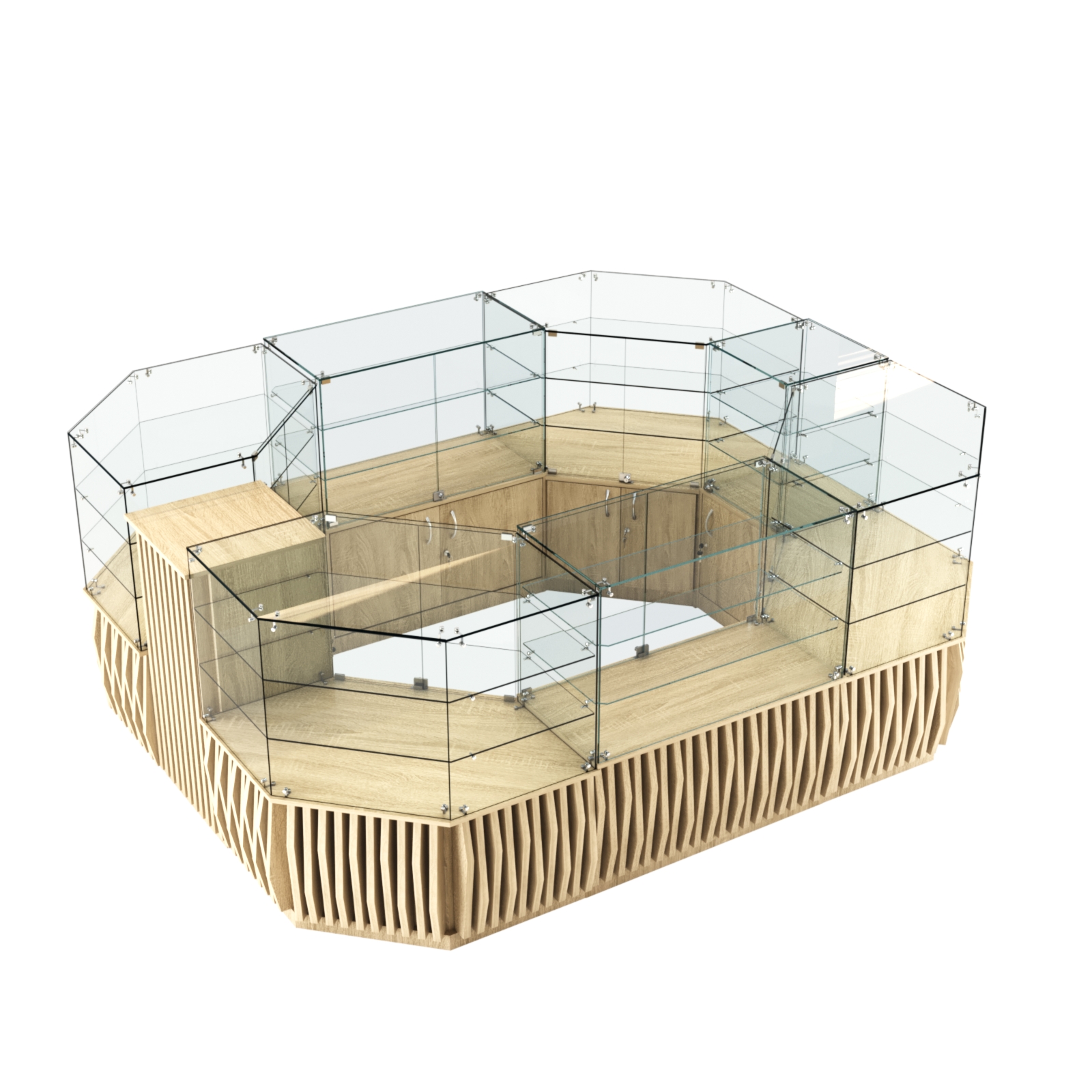 Торговый прямоугольный островок с низким накопителем и планками серии ОРНАМЕНТ №1 (6,48 кв.м) Дуб сонома