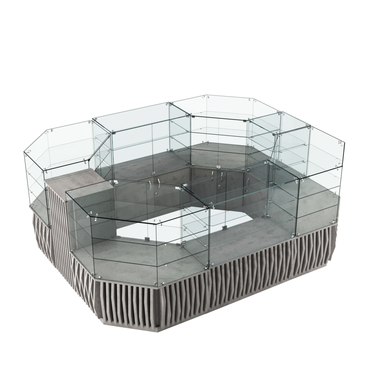 Торговый прямоугольный островок с низким накопителем и планками серии ОРНАМЕНТ №1 (6,48 кв.м) Бетон Чикаго светло-серый F186 ST9