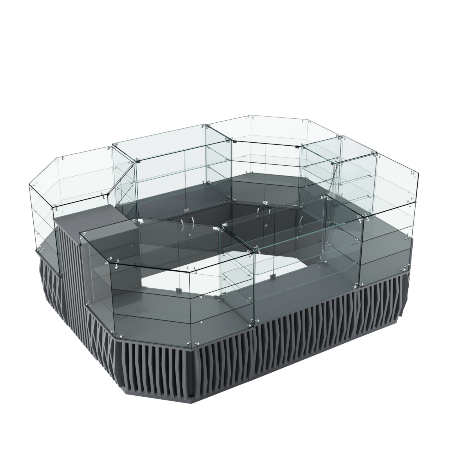 Торговый прямоугольный островок с низким накопителем и планками серии ОРНАМЕНТ №1 (6,48 кв.м) Темно-Серый