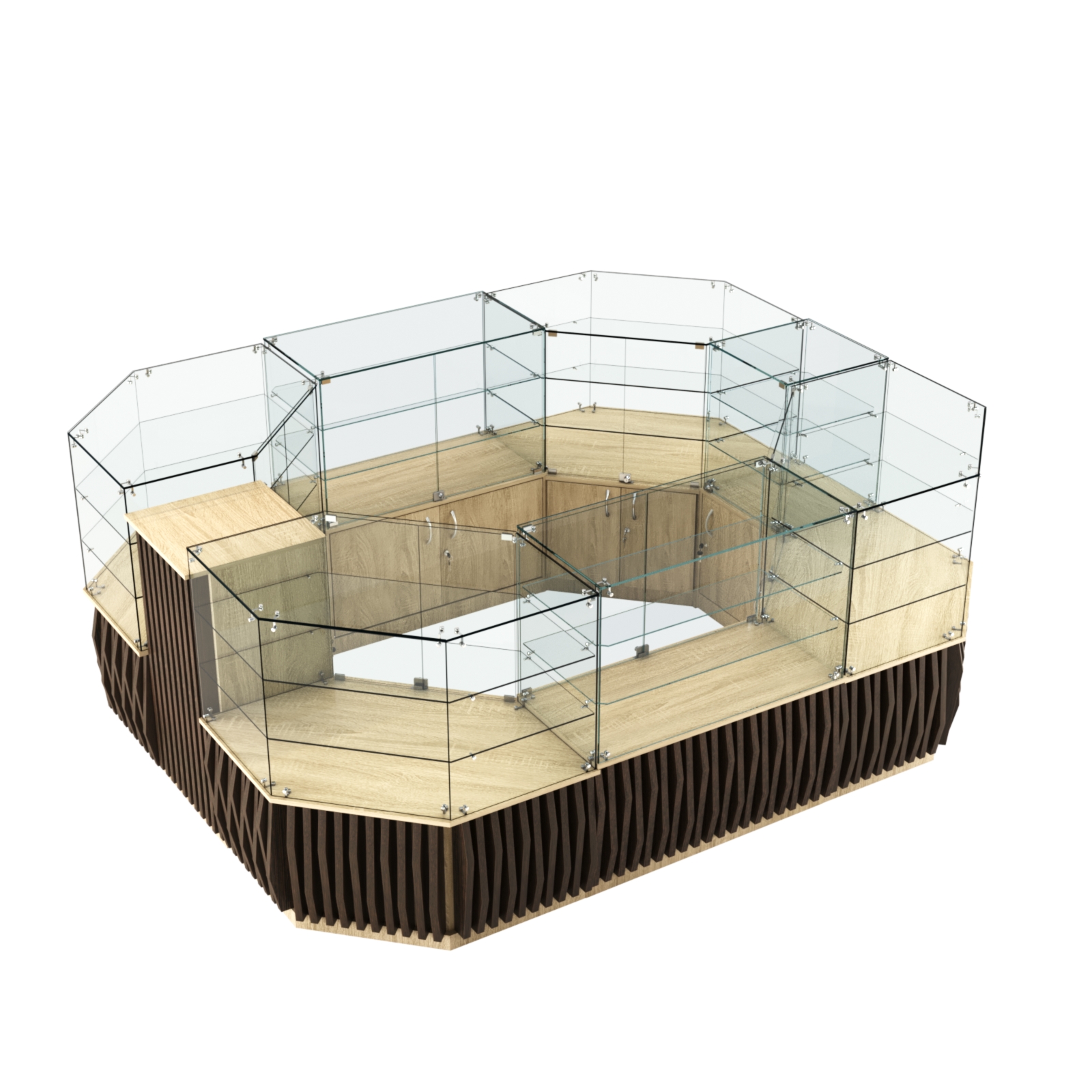 Торговый прямоугольный островок с низким накопителем и планками серии ОРНАМЕНТ №1 (6,48 кв.м) Дуб Сонома + Дуб Венге