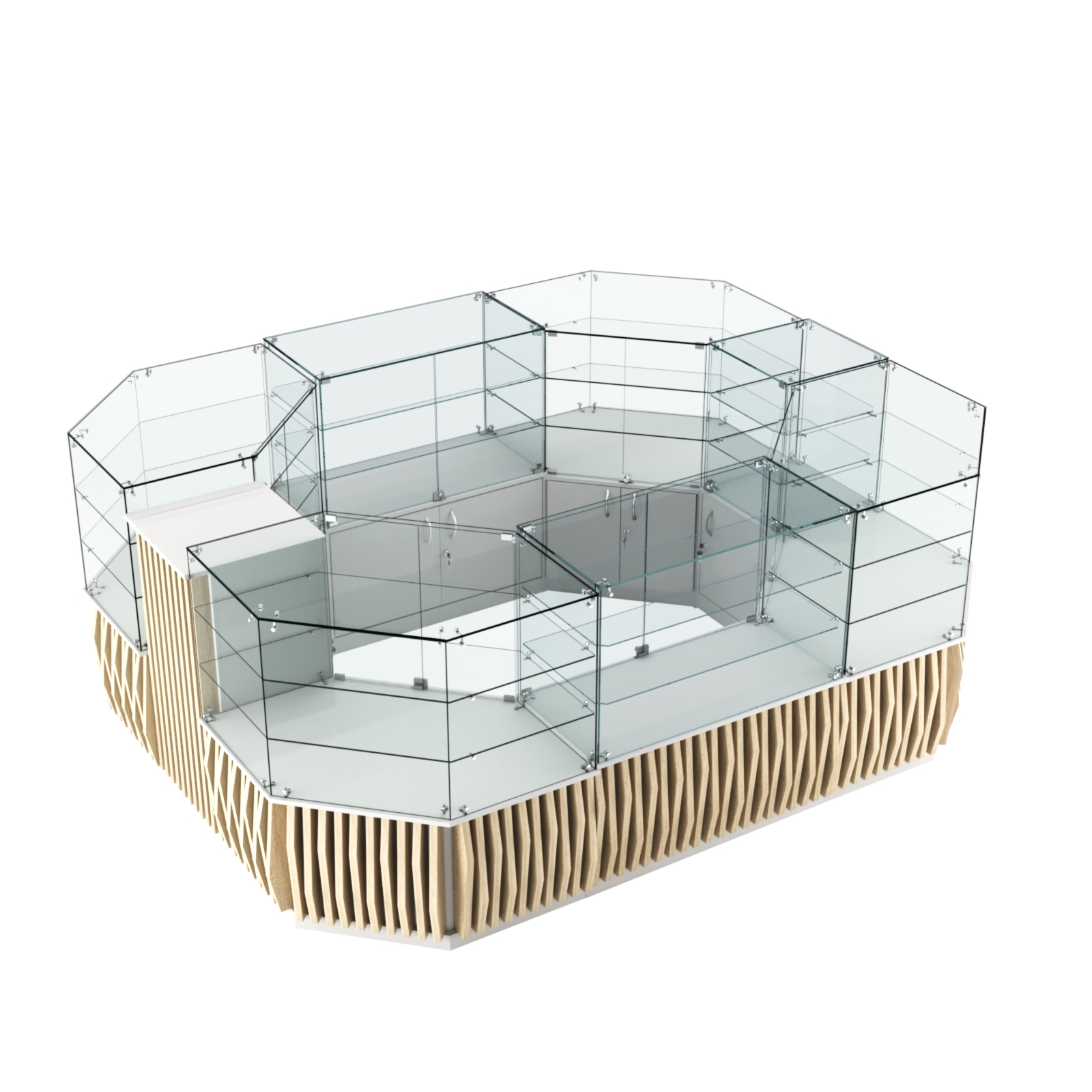 Торговый прямоугольный островок с низким накопителем и планками серии ОРНАМЕНТ №1 (6,48 кв.м) Белый + Дуб Сонома