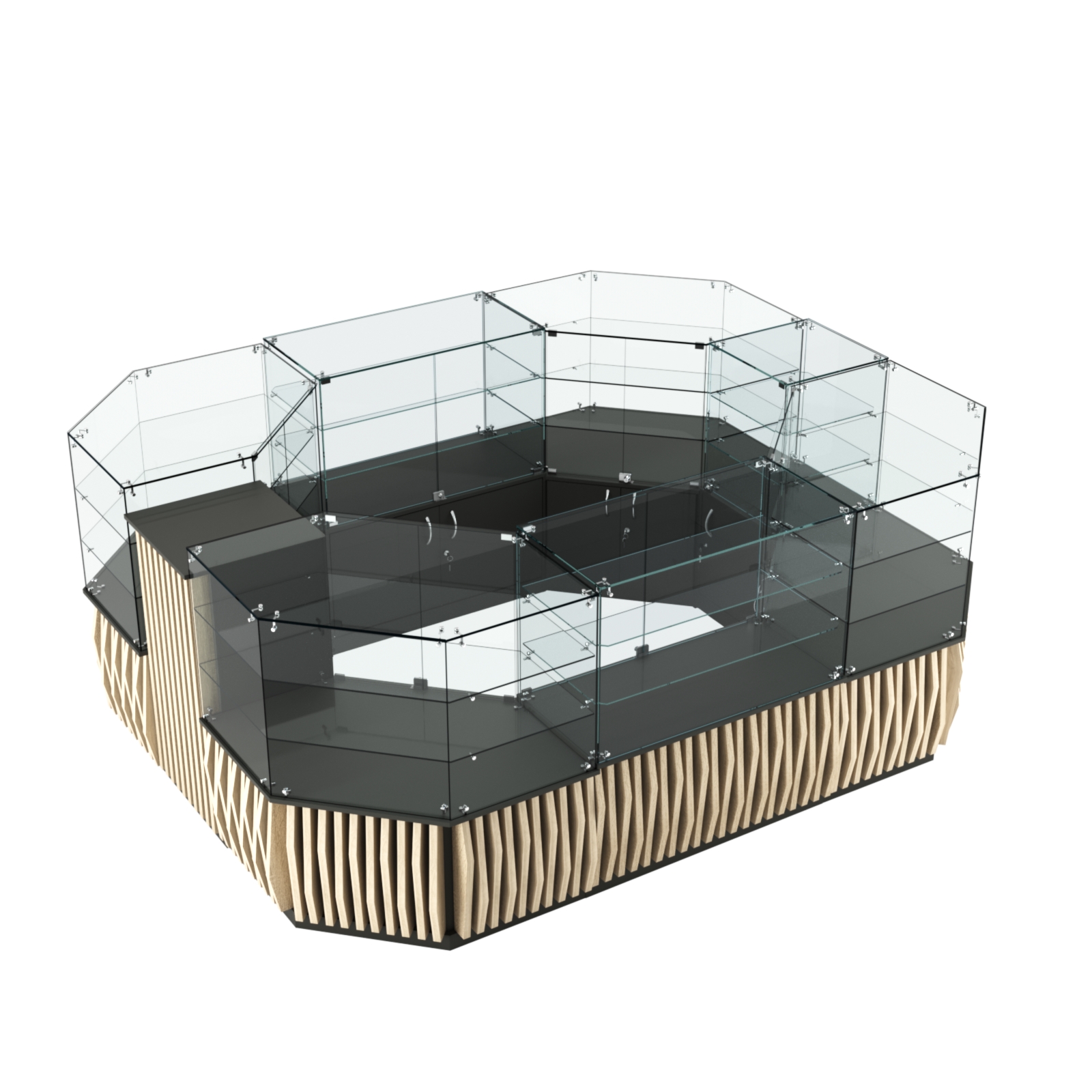 Торговый прямоугольный островок с низким накопителем и планками серии ОРНАМЕНТ №1 (6,48 кв.м) Черный + Дуб Сонома