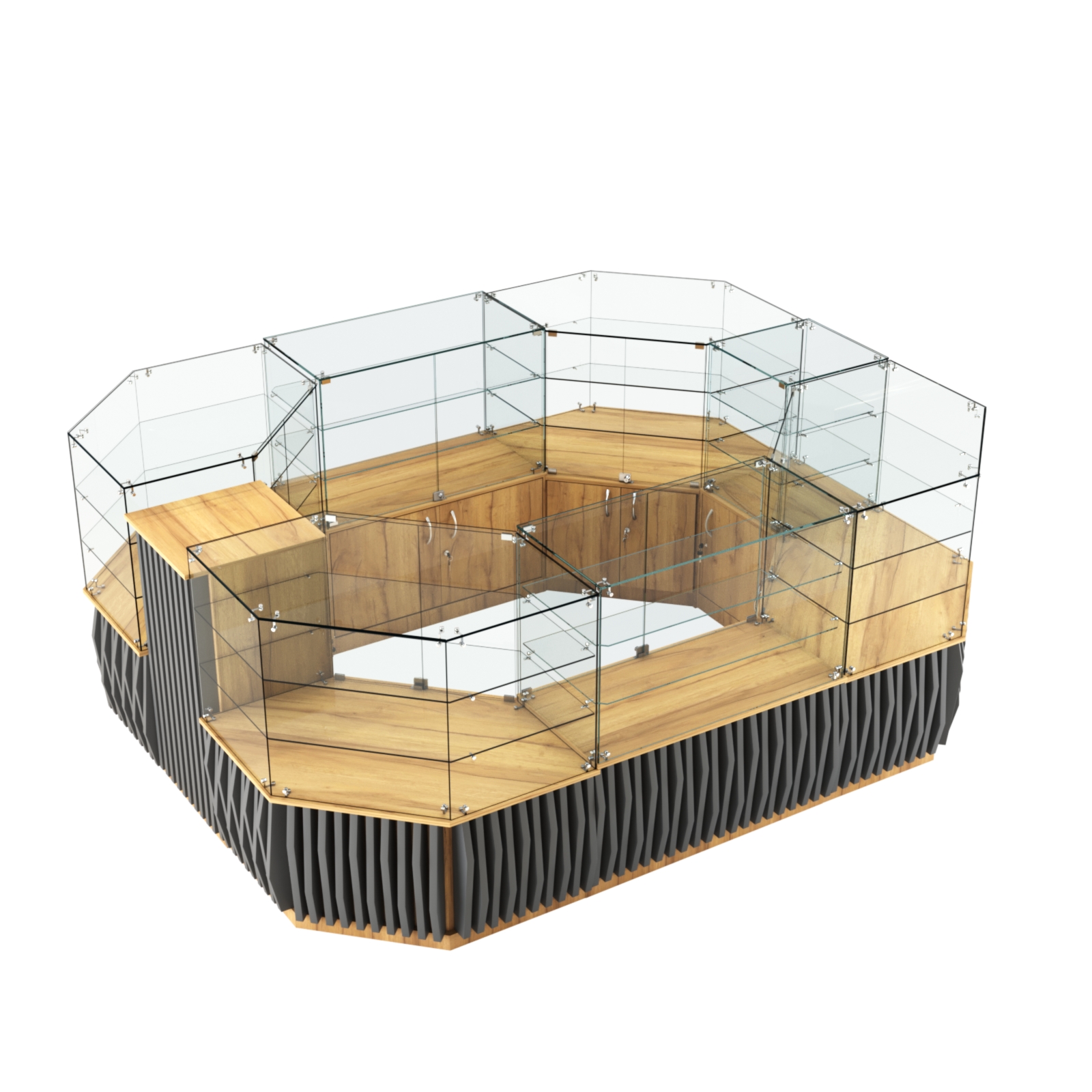 Торговый прямоугольный островок с низким накопителем и планками серии ОРНАМЕНТ №1 (6,48 кв.м) Дуб Золотистый и Темно-Серый