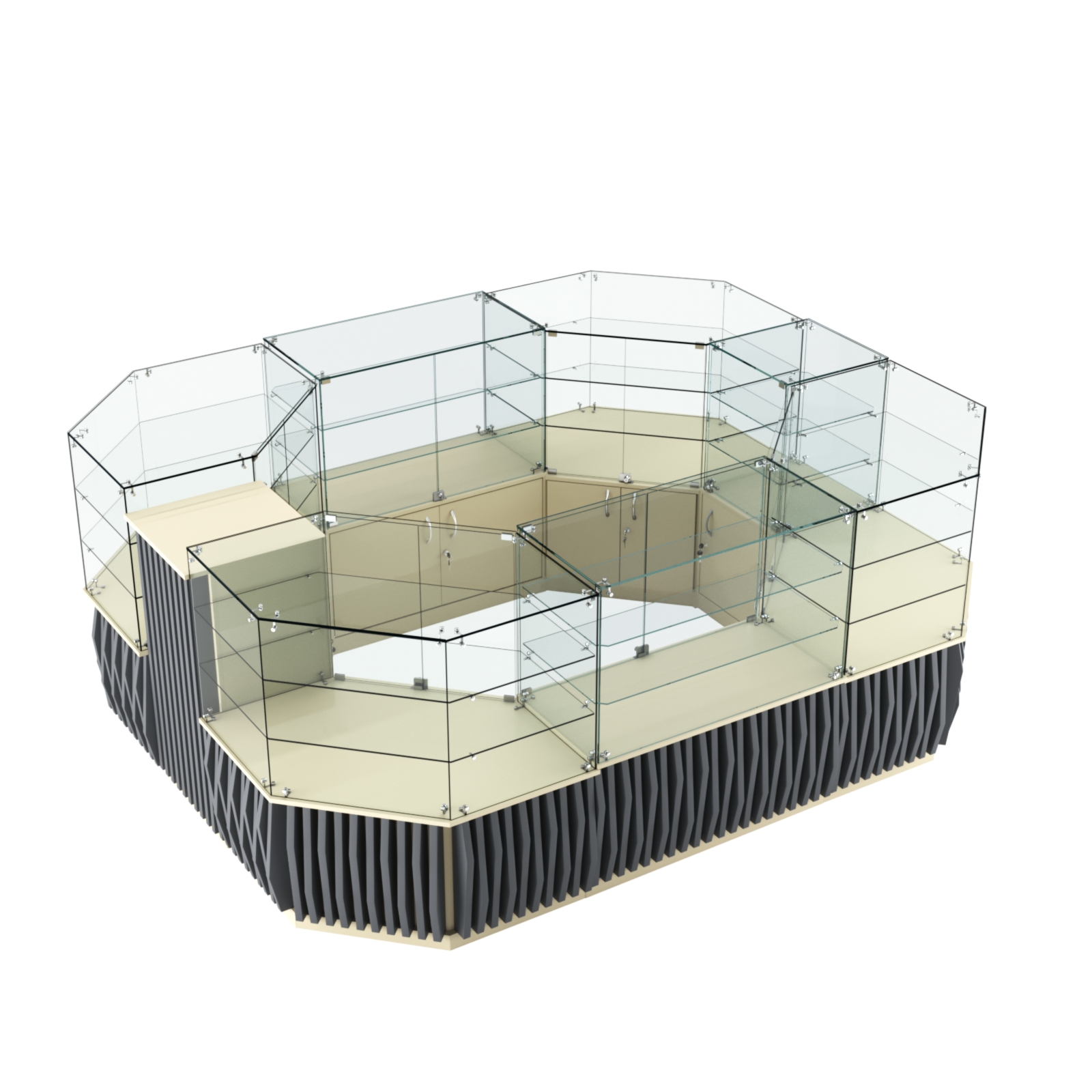 Торговый прямоугольный островок с низким накопителем и планками серии ОРНАМЕНТ №1 (6,48 кв.м) Крем Вайс и Темно Серый U2236-U2601