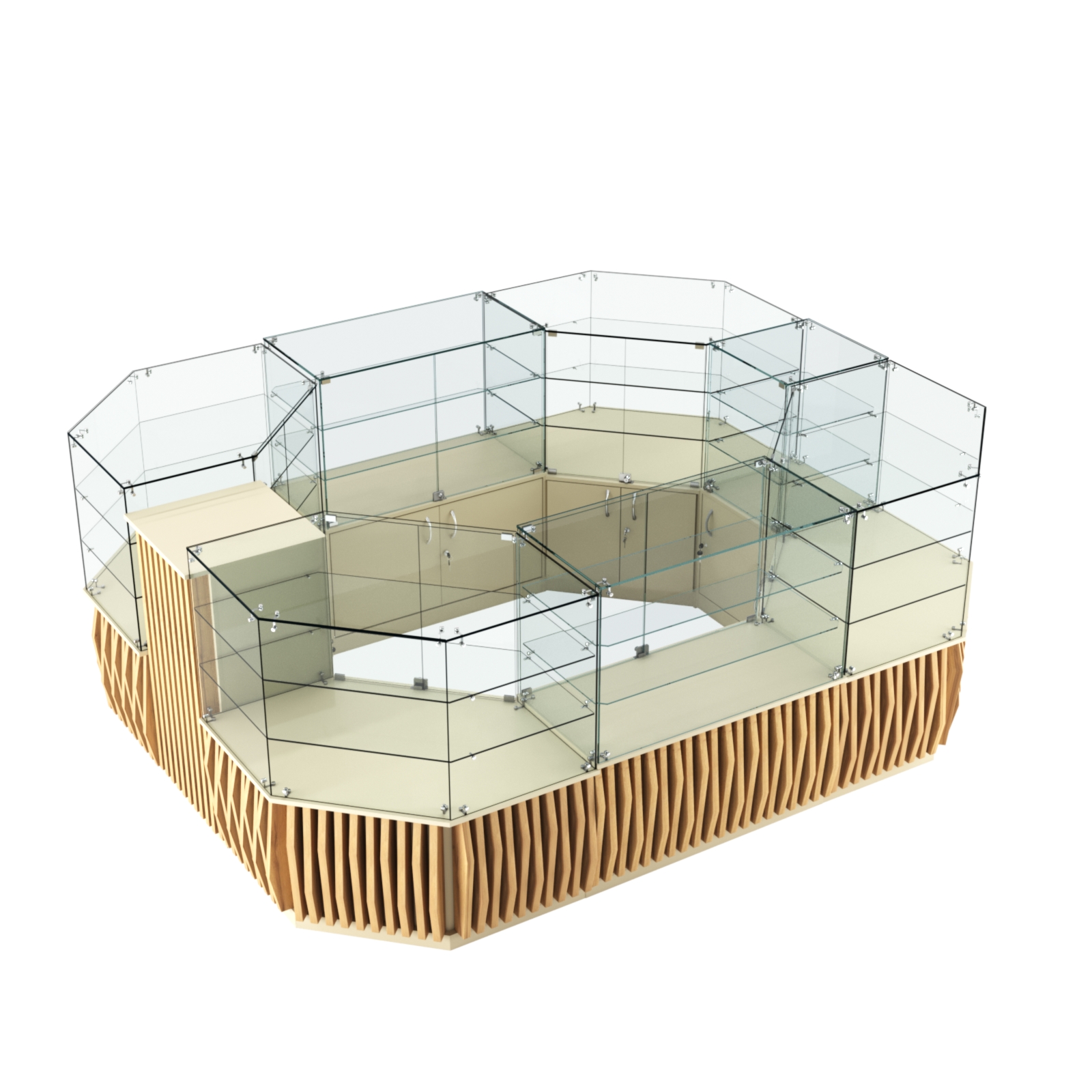 Торговый прямоугольный островок с низким накопителем и планками серии ОРНАМЕНТ №1 (6,48 кв.м) Крем Вайс и Дуб Золотистый