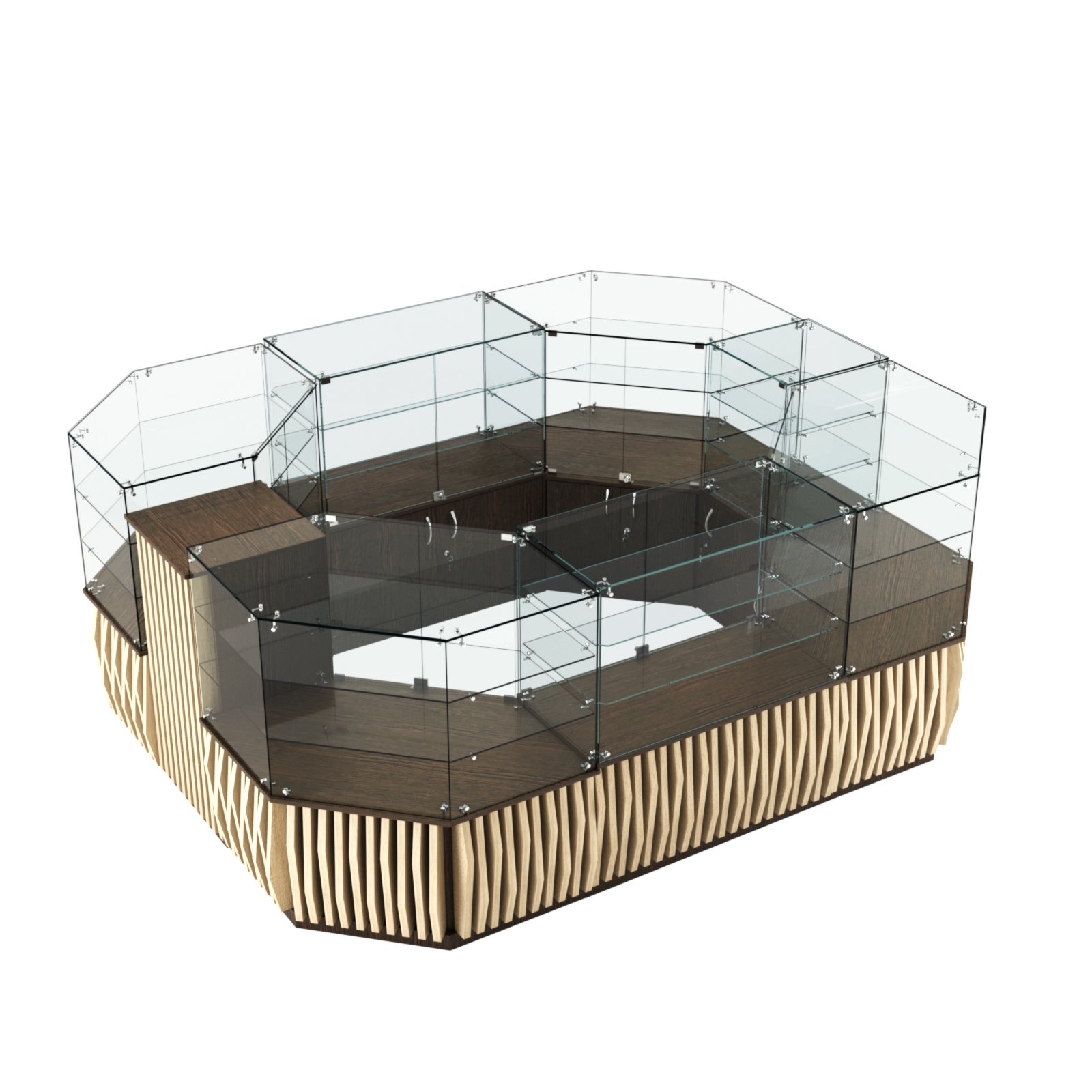 Торговый прямоугольный островок с низким накопителем и планками серии ОРНАМЕНТ №1 (6,48 кв.м) Дуб Венге + Дуб Сонома