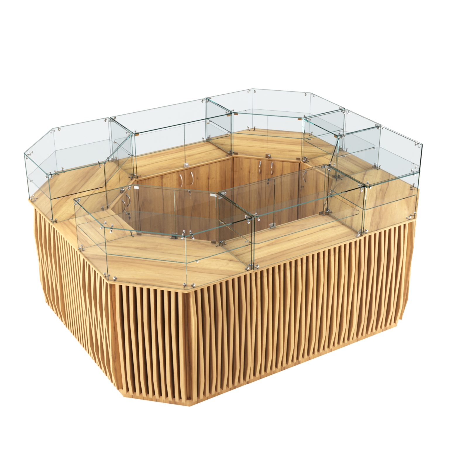 Торговый прямоугольный островок с высоким накопителем и планками серии ОРНАМЕНТ №4 (6,48 кв.м) Дуб Золотистый