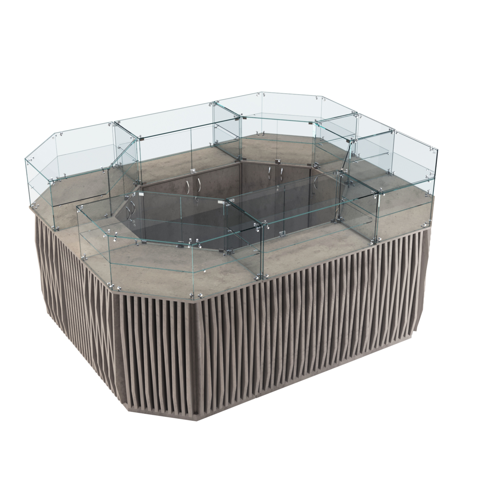 Торговый прямоугольный островок с высоким накопителем и планками серии ОРНАМЕНТ №4 (6,48 кв.м) Бетон Чикаго светло-серый F186 ST9