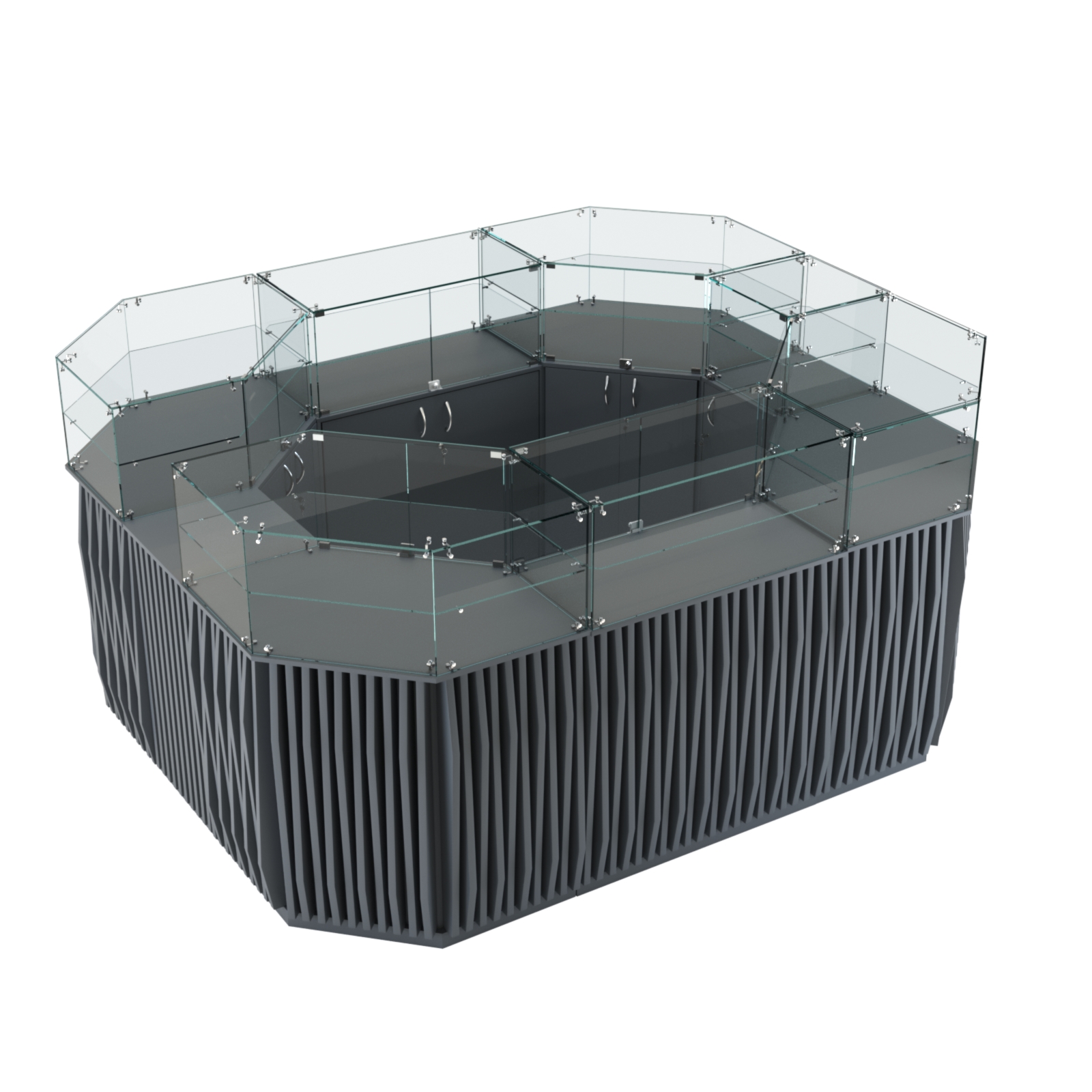 Торговый прямоугольный островок с высоким накопителем и планками серии ОРНАМЕНТ №4 (6,48 кв.м) Темно-Серый