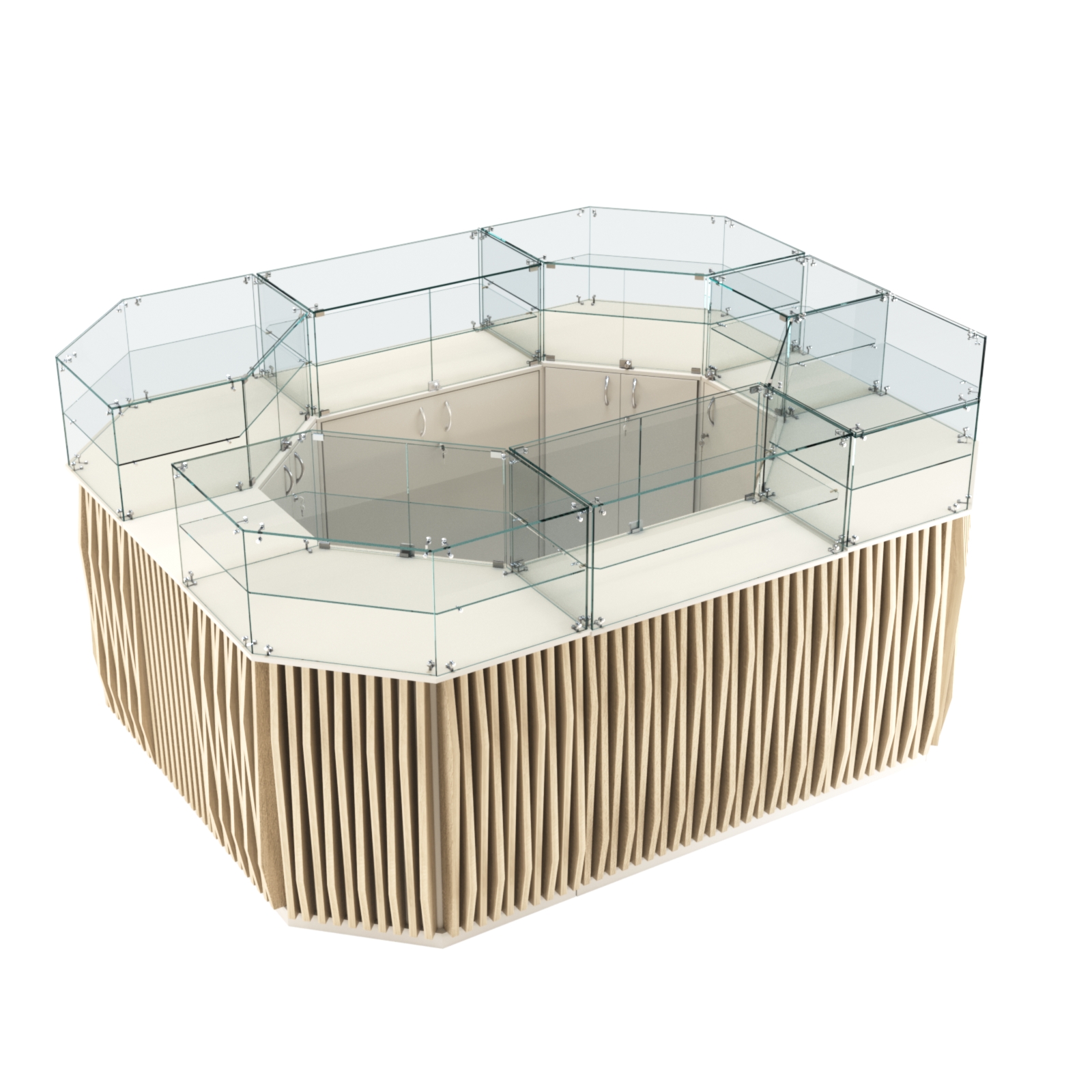 Торговый прямоугольный островок с высоким накопителем и планками серии ОРНАМЕНТ №4 (6,48 кв.м) Белый + Дуб Сонома