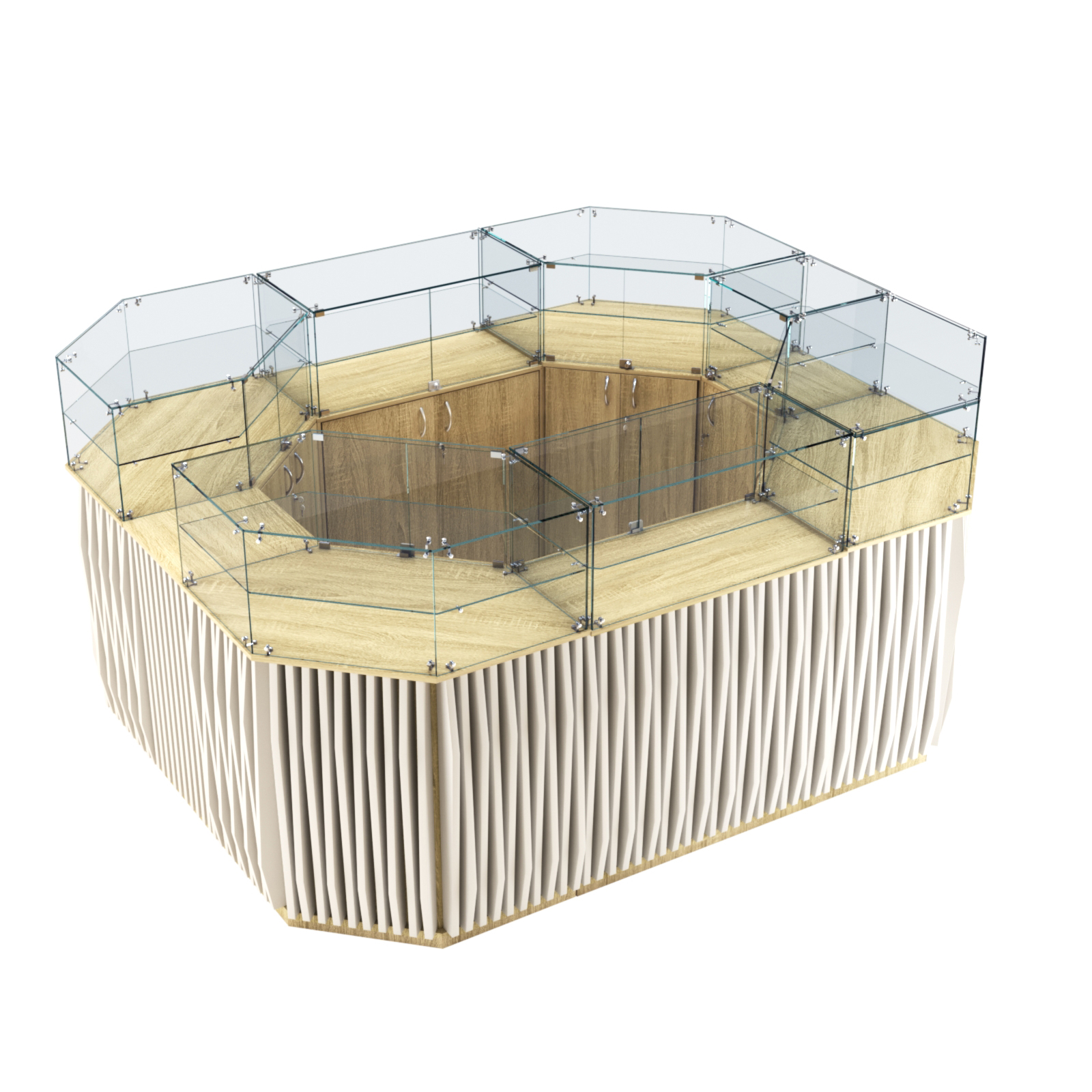 Торговый прямоугольный островок с высоким накопителем и планками серии ОРНАМЕНТ №4 (6,48 кв.м) Дуб Сонома + Белый