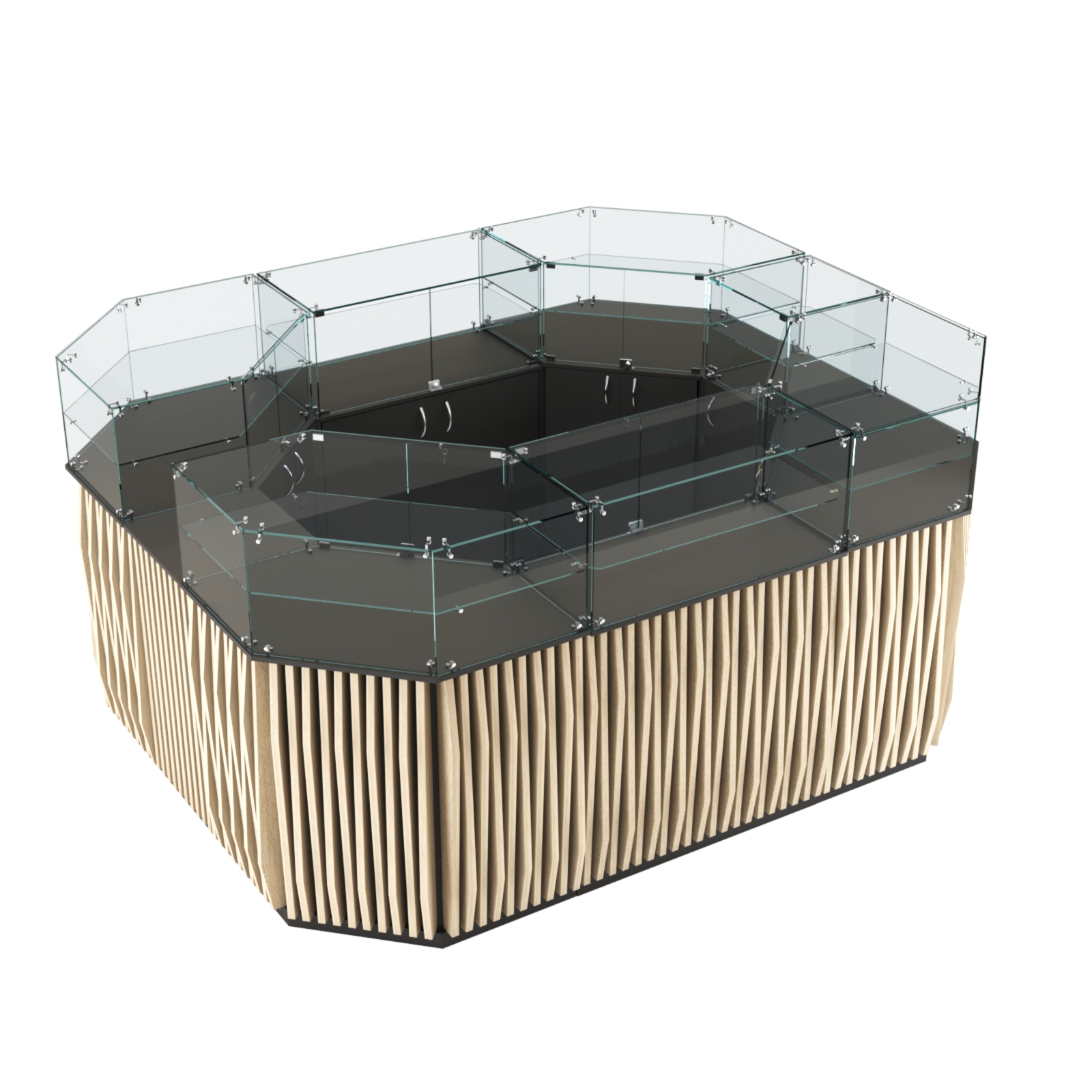 Торговый прямоугольный островок с высоким накопителем и планками серии ОРНАМЕНТ №4 (6,48 кв.м) Черный + Дуб Сонома