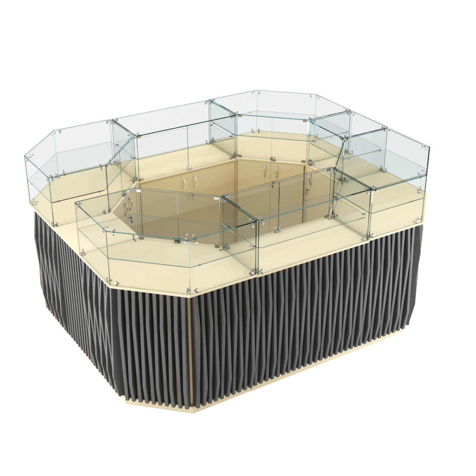 Торговый прямоугольный островок с высоким накопителем и планками серии ОРНАМЕНТ №4 (6,48 кв.м) Крем Вайс и Темно Серый U2236-U2601