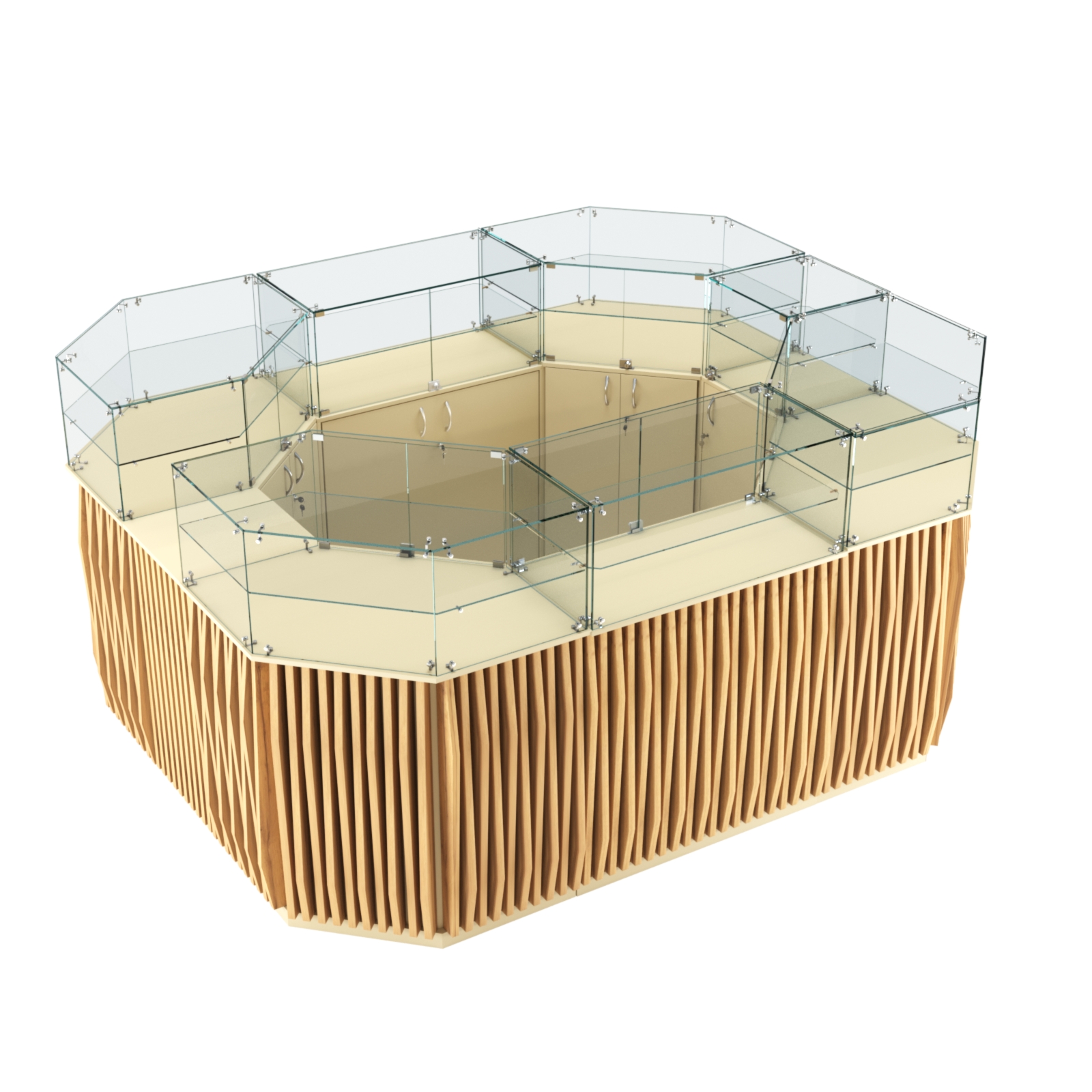 Торговый прямоугольный островок с высоким накопителем и планками серии ОРНАМЕНТ №4 (6,48 кв.м) Крем Вайс и Дуб Золотистый