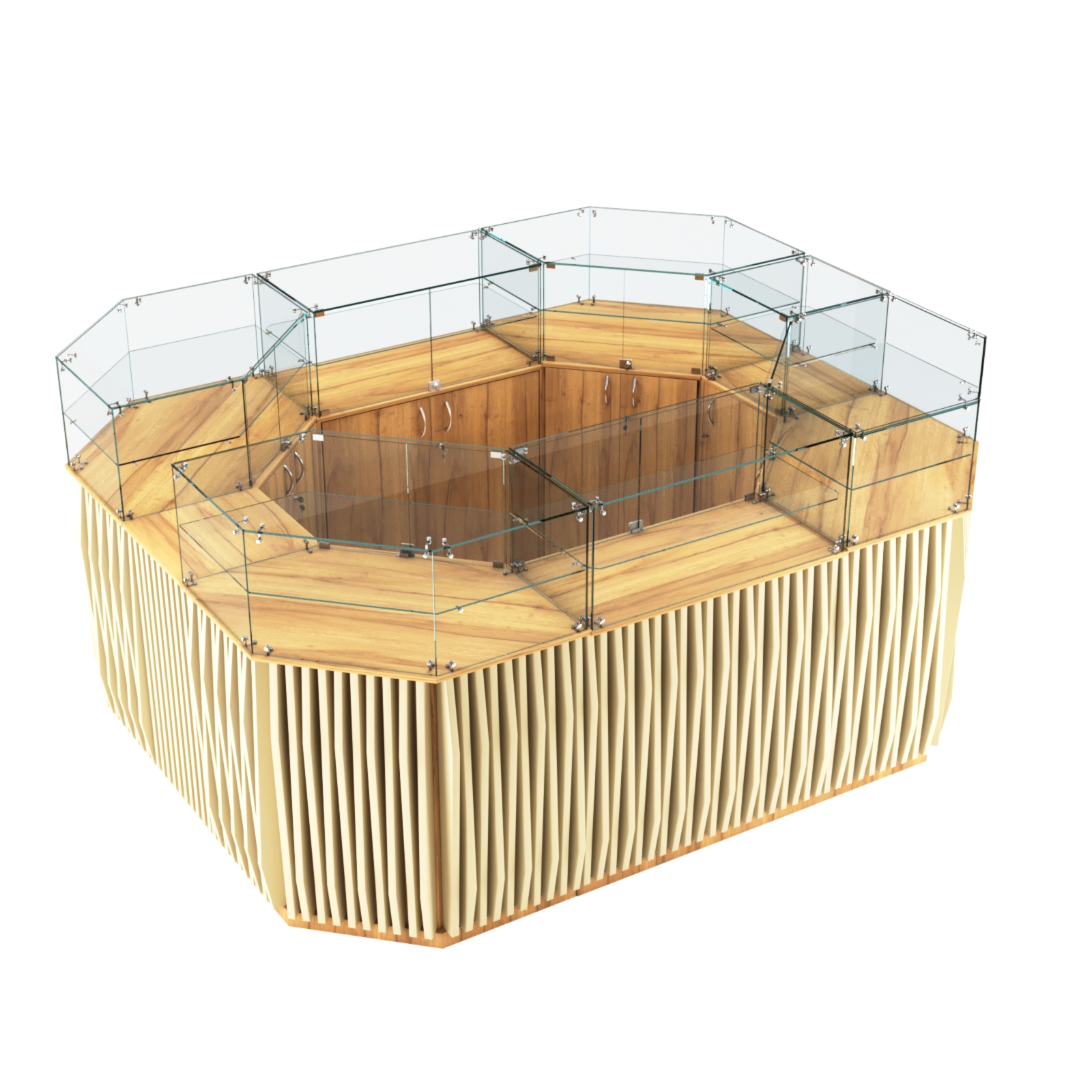 Торговый прямоугольный островок с высоким накопителем и планками серии ОРНАМЕНТ №4 (6,48 кв.м) Дуб Золотистый и Крем Вайс