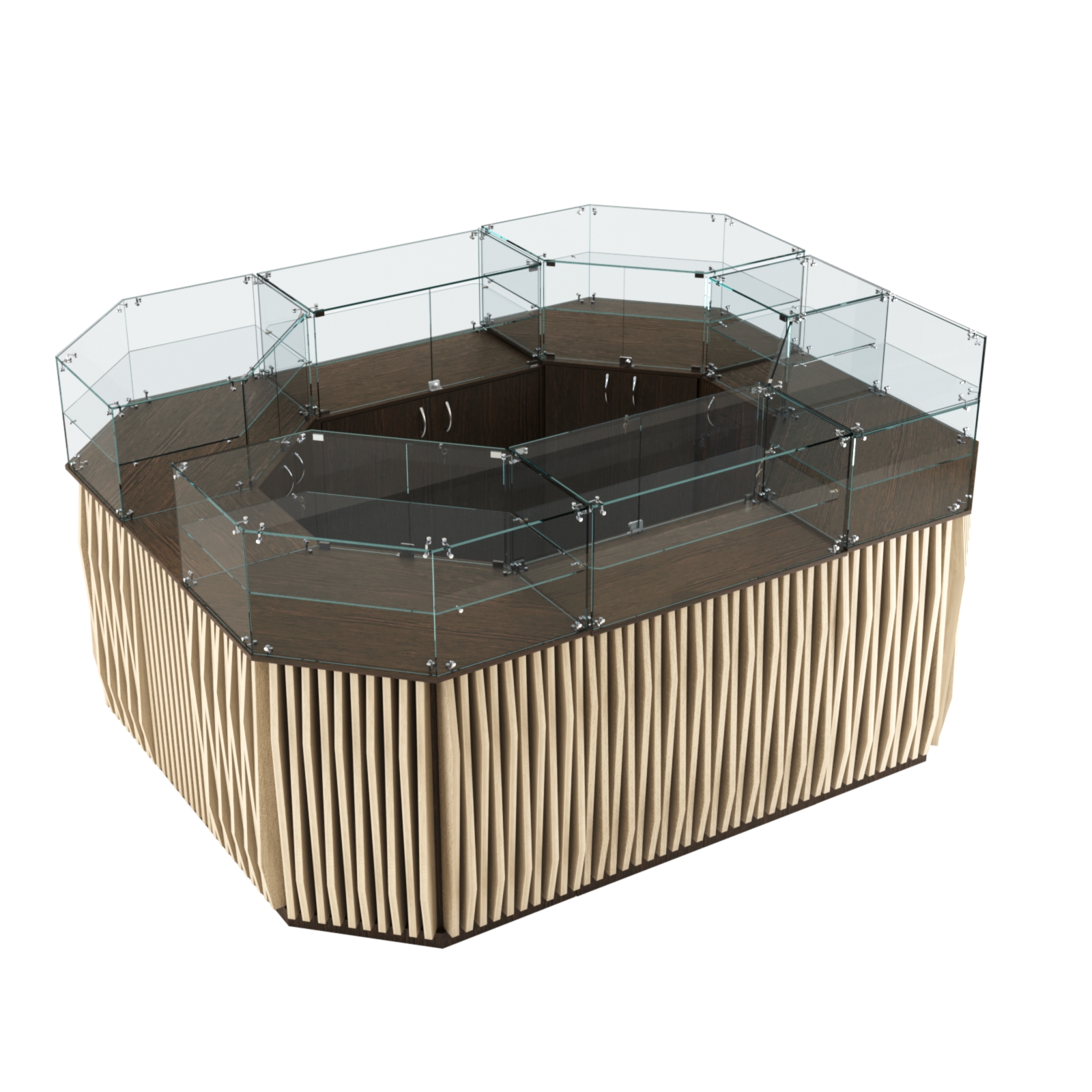 Торговый прямоугольный островок с высоким накопителем и планками серии ОРНАМЕНТ №4 (6,48 кв.м) Дуб Венге + Дуб Сонома