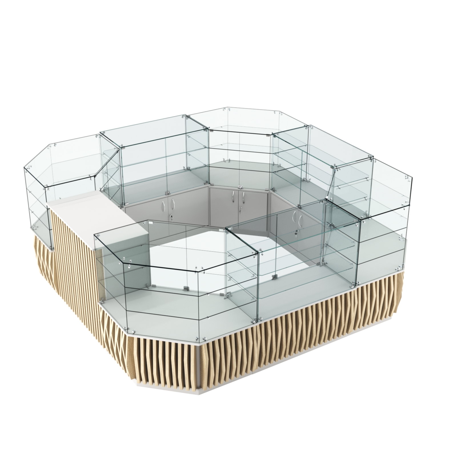 Торговый стеклянный островок с планками серии ОРНАМЕНТ №2 (7,88 кв.м) Белый + Дуб Сонома