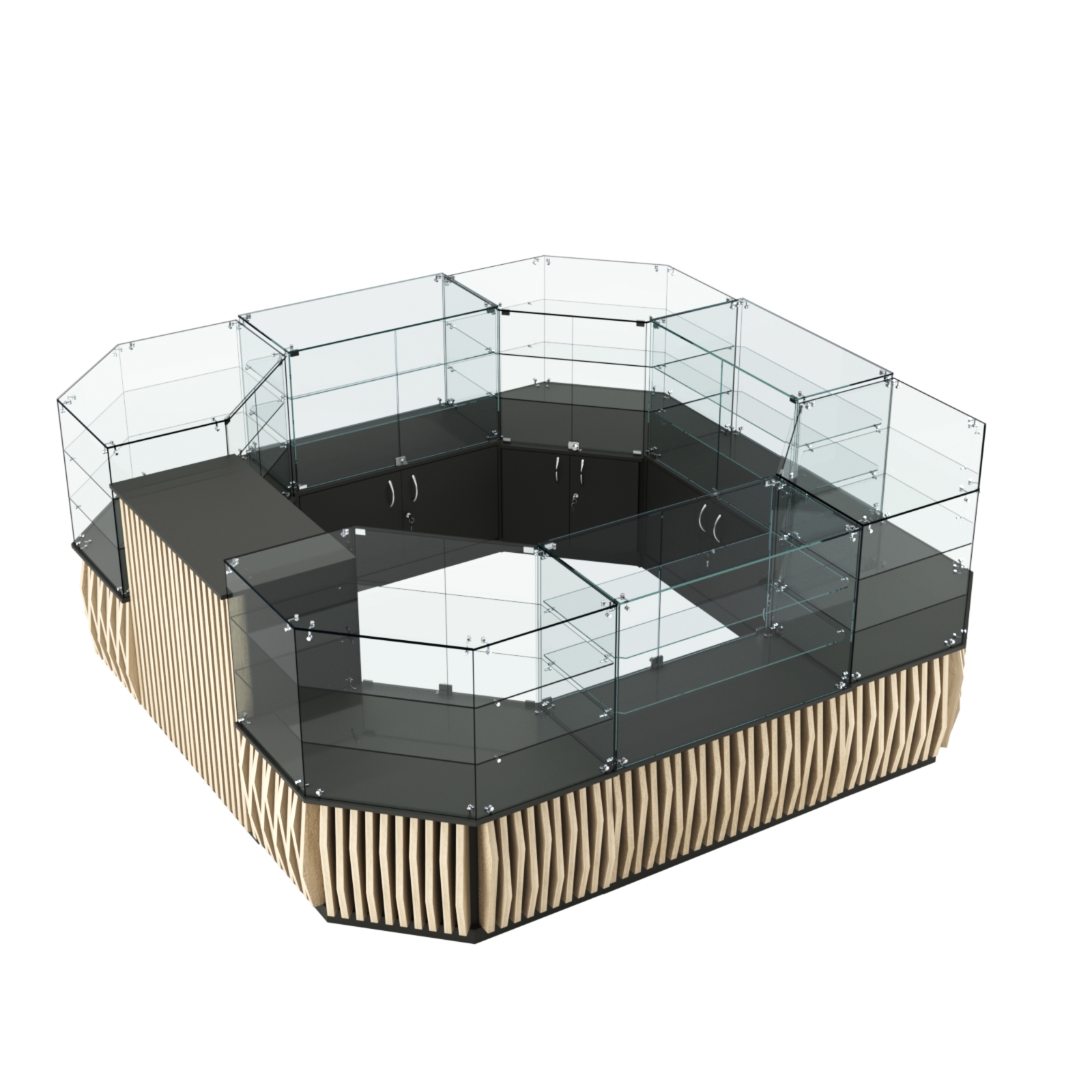 Торговый стеклянный островок с планками серии ОРНАМЕНТ №2 (7,88 кв.м) Черный + Дуб Сонома