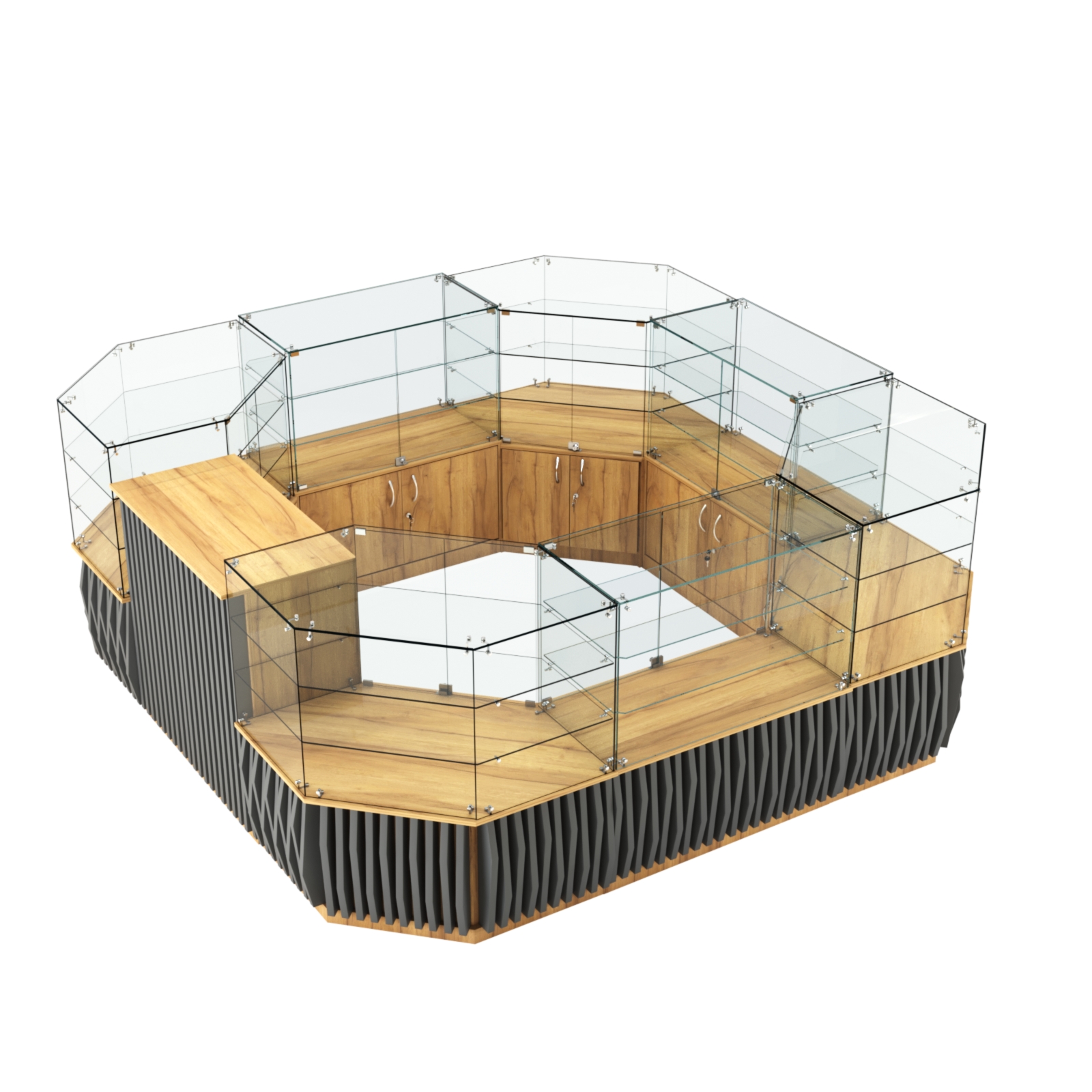 Торговый стеклянный островок с планками серии ОРНАМЕНТ №2 (7,88 кв.м) Дуб Золотистый и Темно-Серый