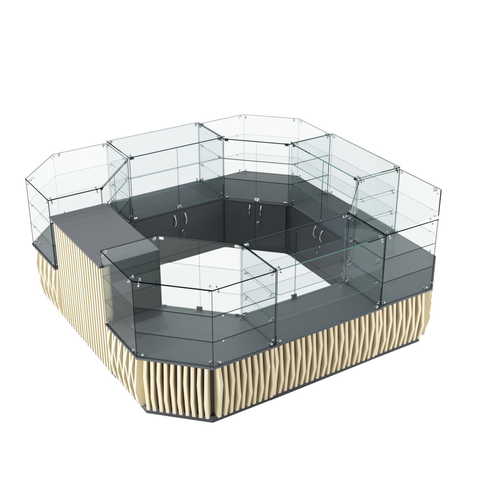 Торговый стеклянный островок с планками серии ОРНАМЕНТ №2 (7,88 кв.м) Темно-серый и Крем Вайс U2601-U2236