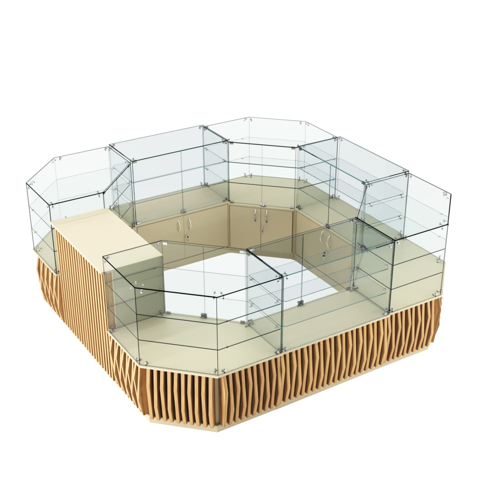 Торговый стеклянный островок с планками серии ОРНАМЕНТ №2 (7,88 кв.м) Крем Вайс и Дуб Золотистый