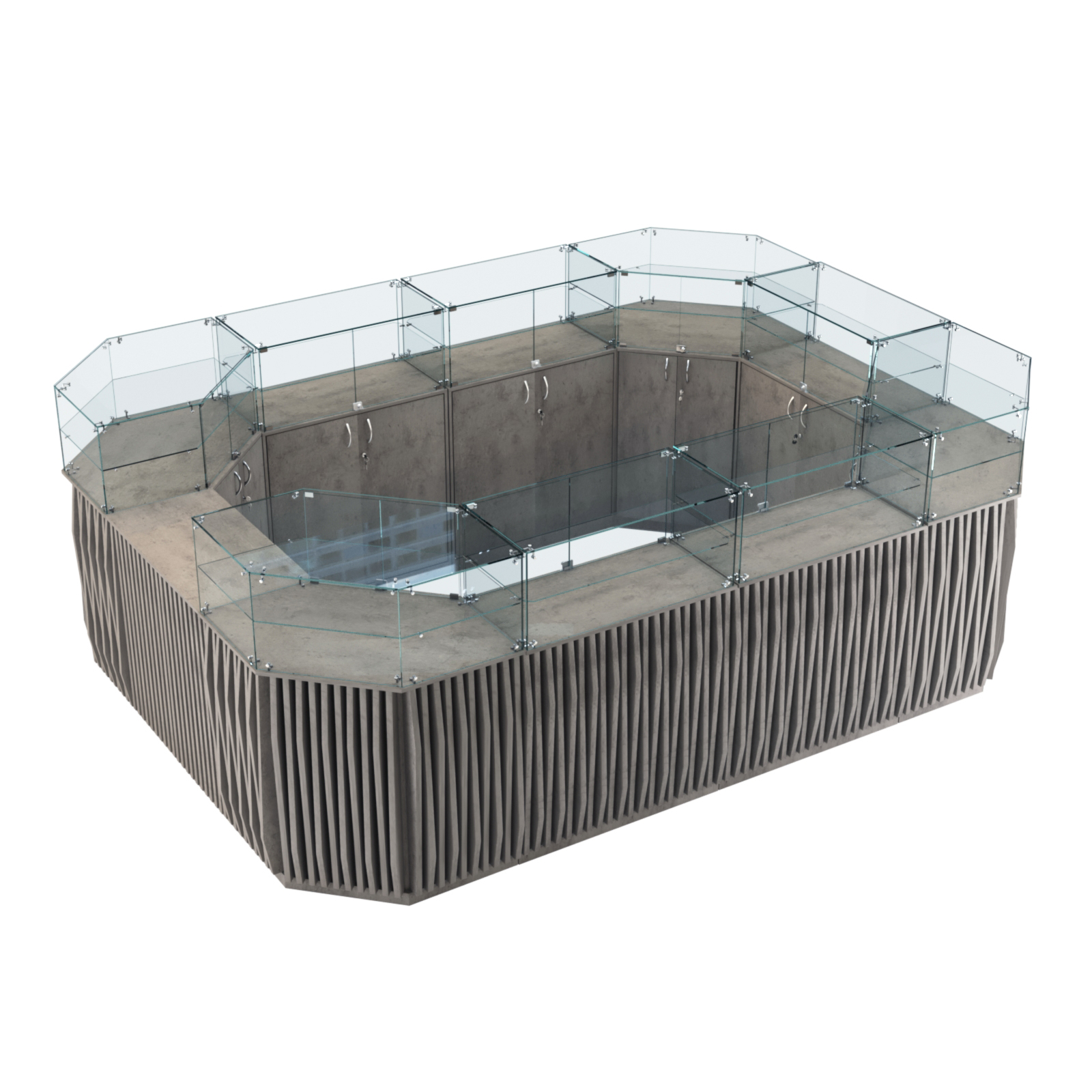 Торговый островок с прозрачным верхом и планками серии ОРНАМЕНТ №6 (10,69 кв.м) Бетон Чикаго светло-серый F186 ST9