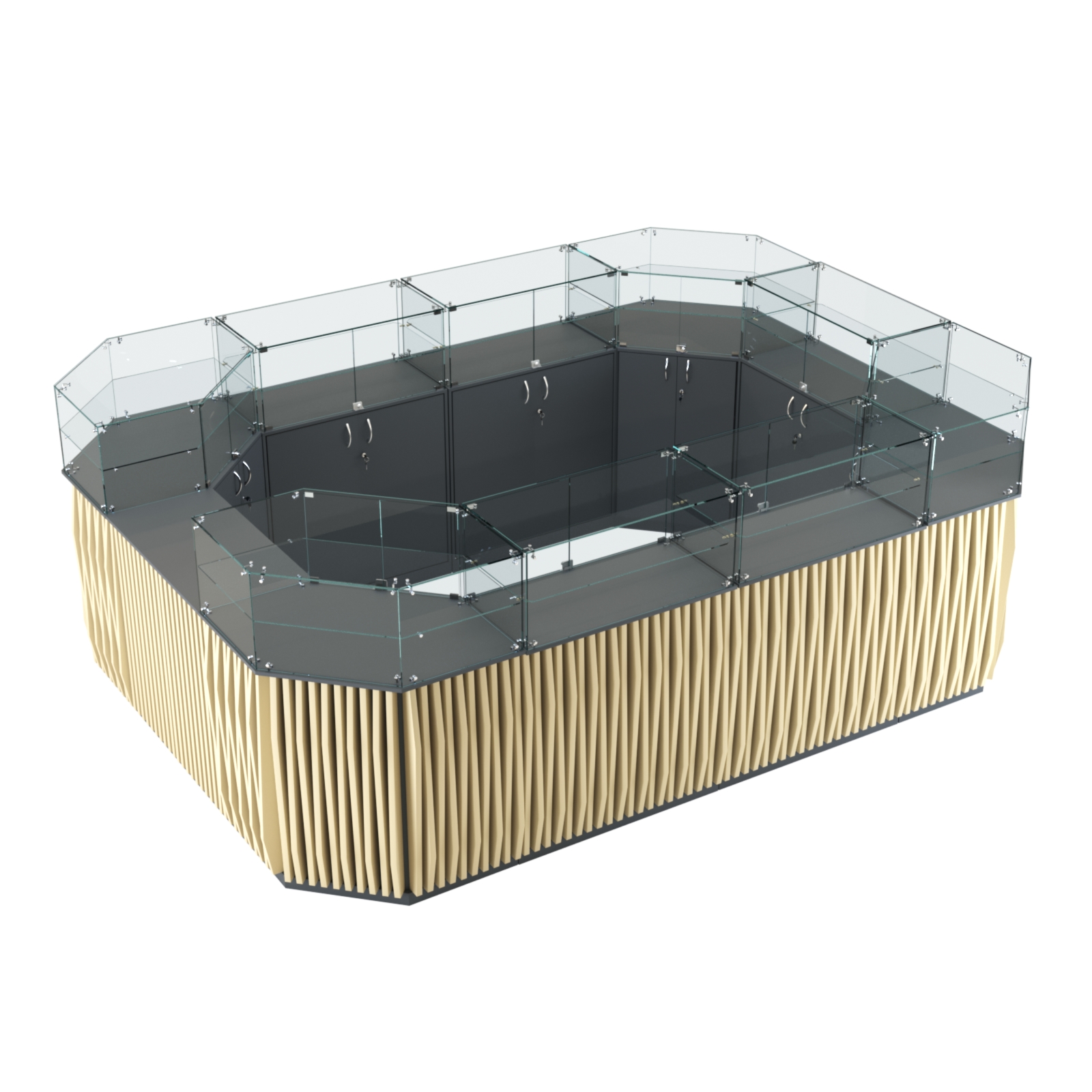 Торговый островок с прозрачным верхом и планками серии ОРНАМЕНТ №6 (10,69 кв.м) Темно-серый и Крем Вайс U2601-U2236