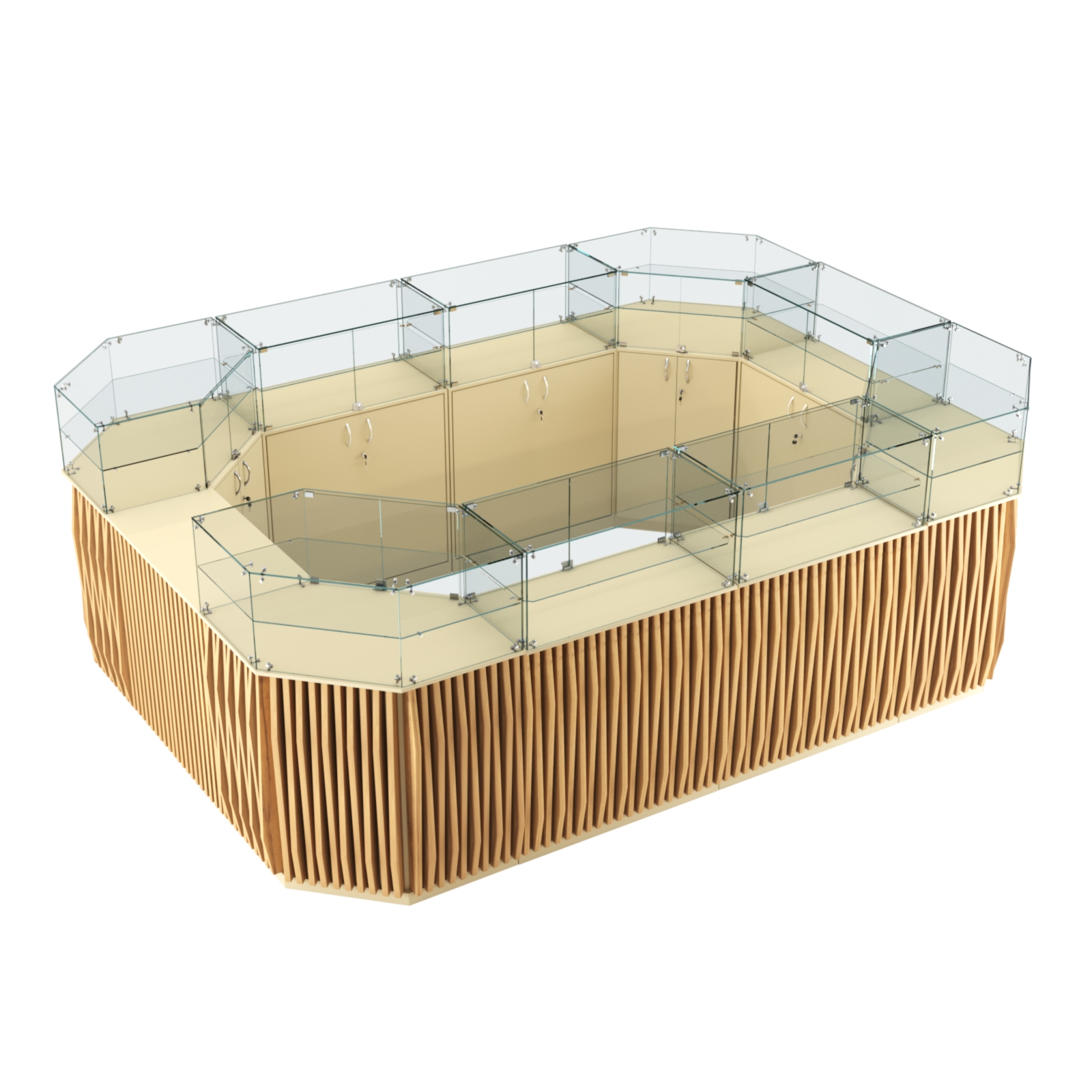 Торговый островок с прозрачным верхом и планками серии ОРНАМЕНТ №6 (10,69 кв.м) Крем Вайс и Дуб Золотистый