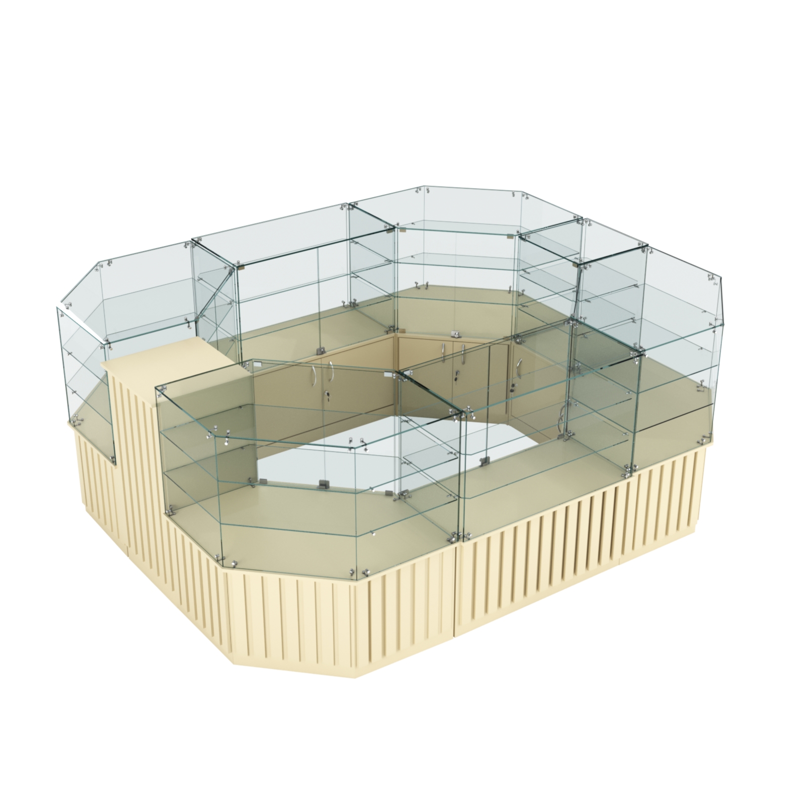 Торговый прямоугольный островок с низким накопителем и планками серии ПРИЛИВ №1 (6,48 кв.м) Крем Вайс