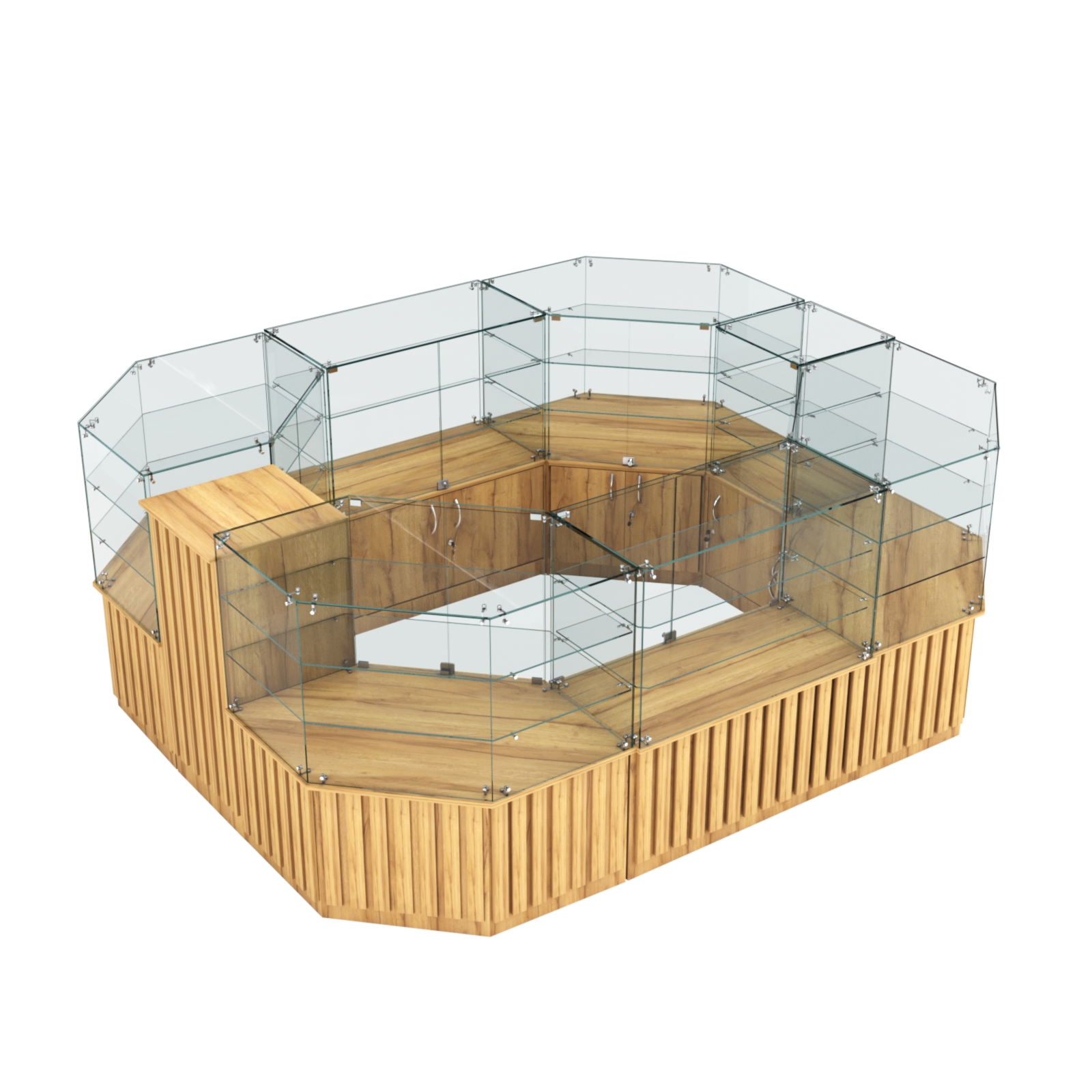 Торговый прямоугольный островок с низким накопителем и планками серии ПРИЛИВ №1 (6,48 кв.м) Дуб Золотистый