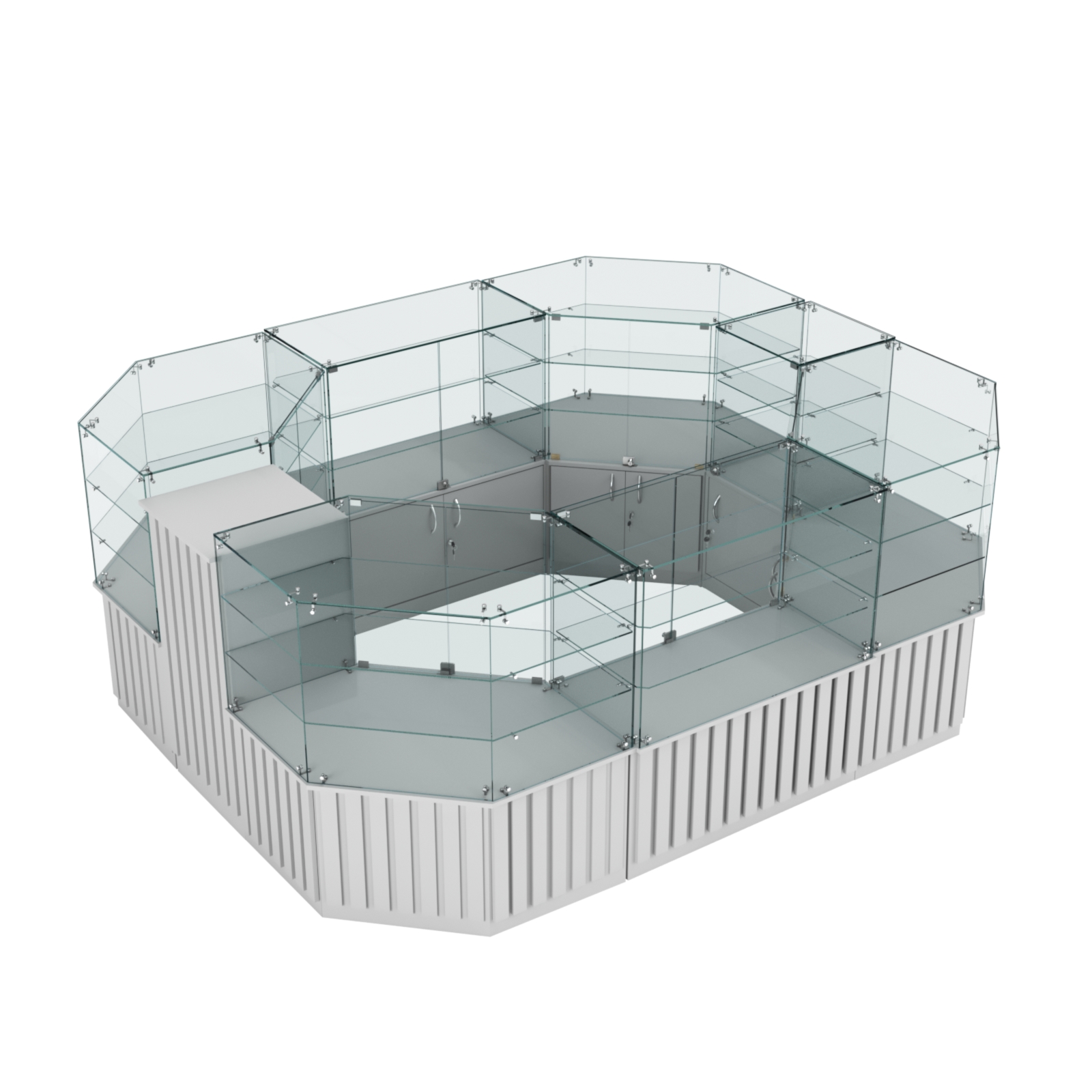 Торговый прямоугольный островок с низким накопителем и планками серии ПРИЛИВ №1 (6,48 кв.м) Серый