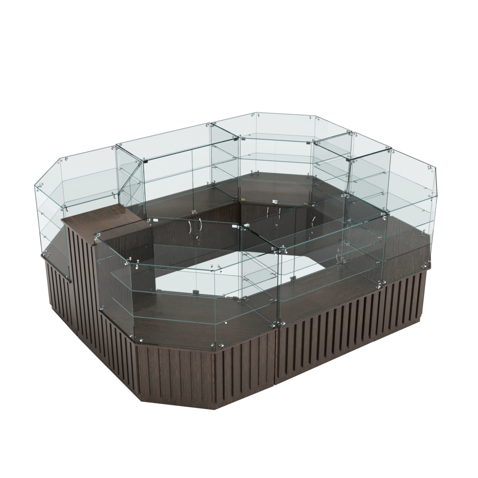 Торговый прямоугольный островок с низким накопителем и планками серии ПРИЛИВ №1 (6,48 кв.м) Дуб Венге