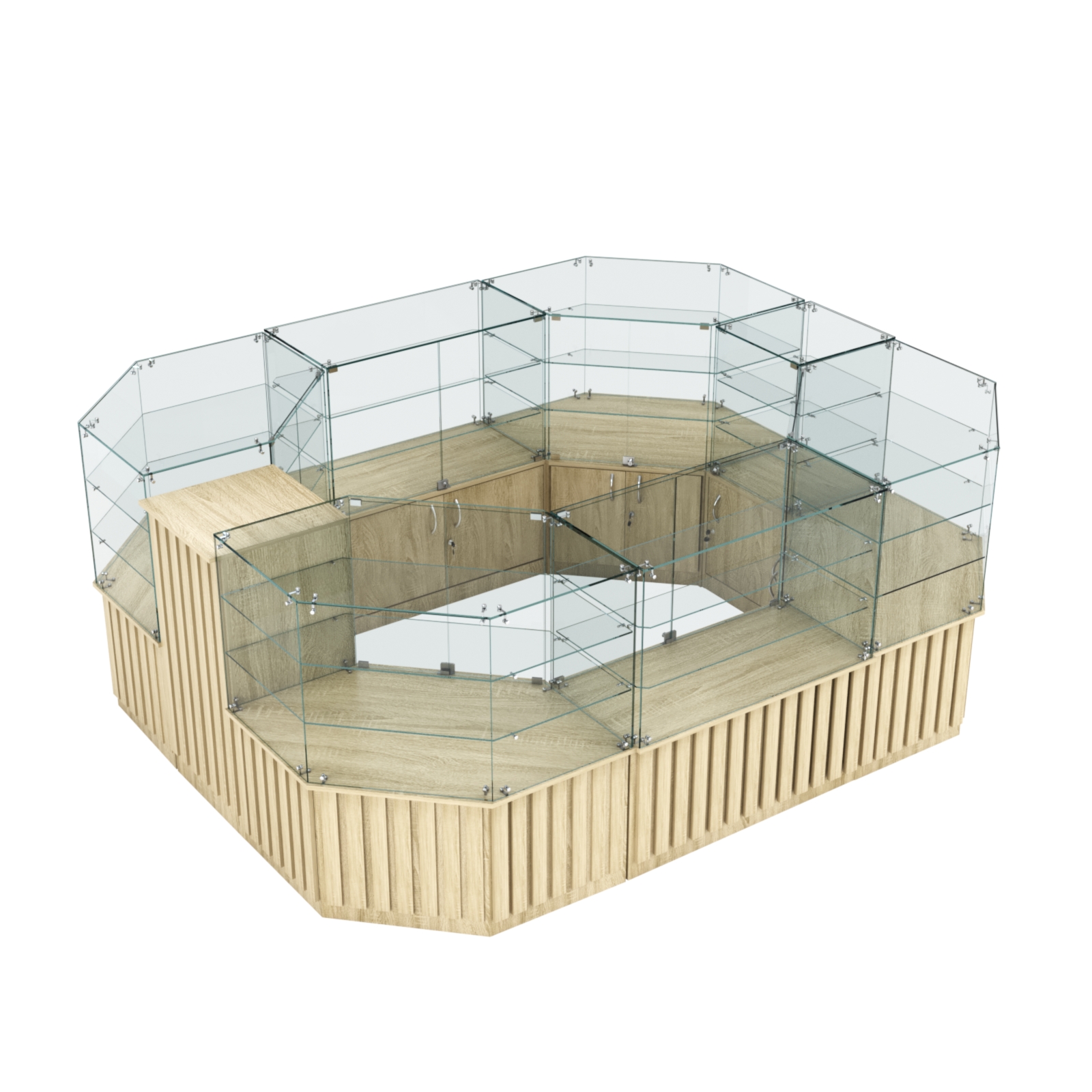 Торговый прямоугольный островок с низким накопителем и планками серии ПРИЛИВ №1 (6,48 кв.м) Дуб сонома