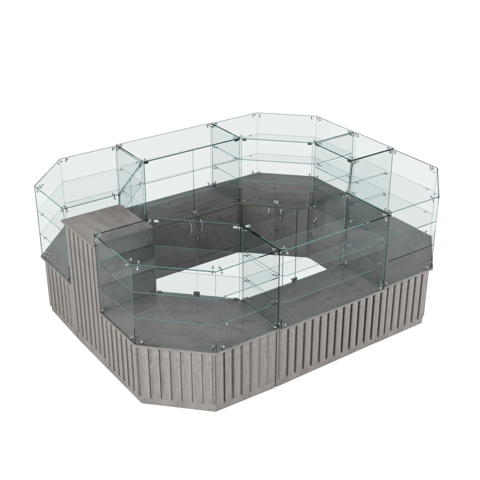 Торговый прямоугольный островок с низким накопителем и планками серии ПРИЛИВ №1 (6,48 кв.м) Бетон Чикаго светло-серый F186 ST9