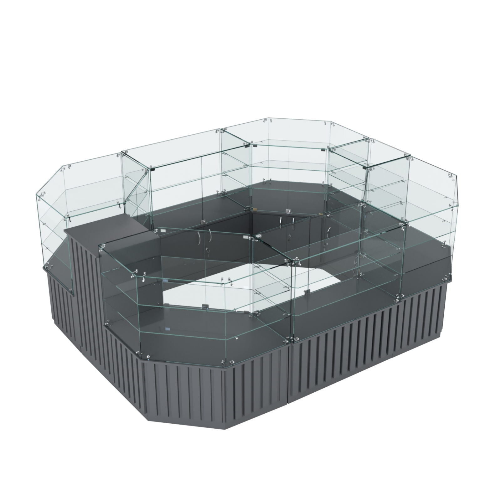 Торговый прямоугольный островок с низким накопителем и планками серии ПРИЛИВ №1 (6,48 кв.м) Темно-Серый