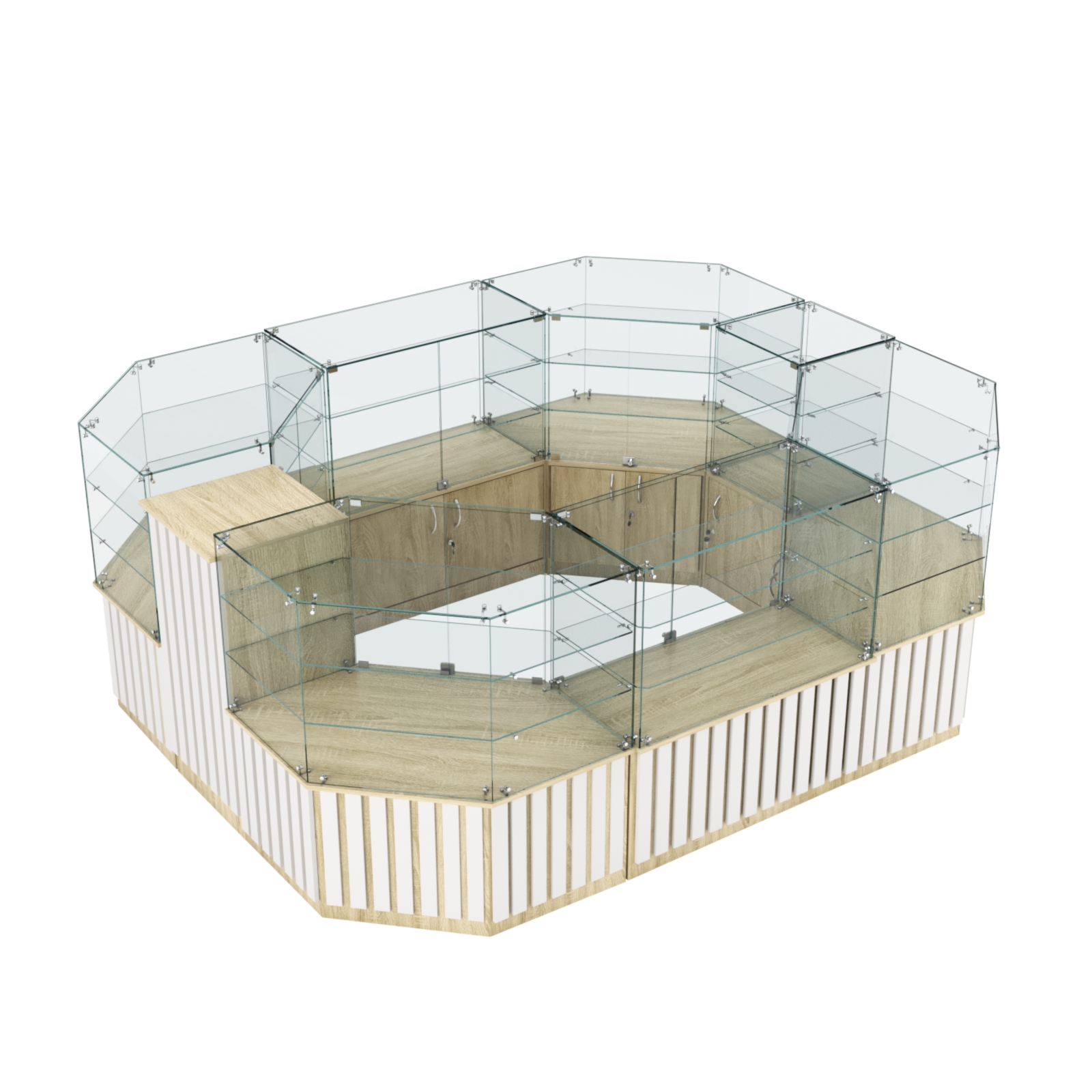 Торговый прямоугольный островок с низким накопителем и планками серии ПРИЛИВ №1 (6,48 кв.м) Дуб Сонома + Белый