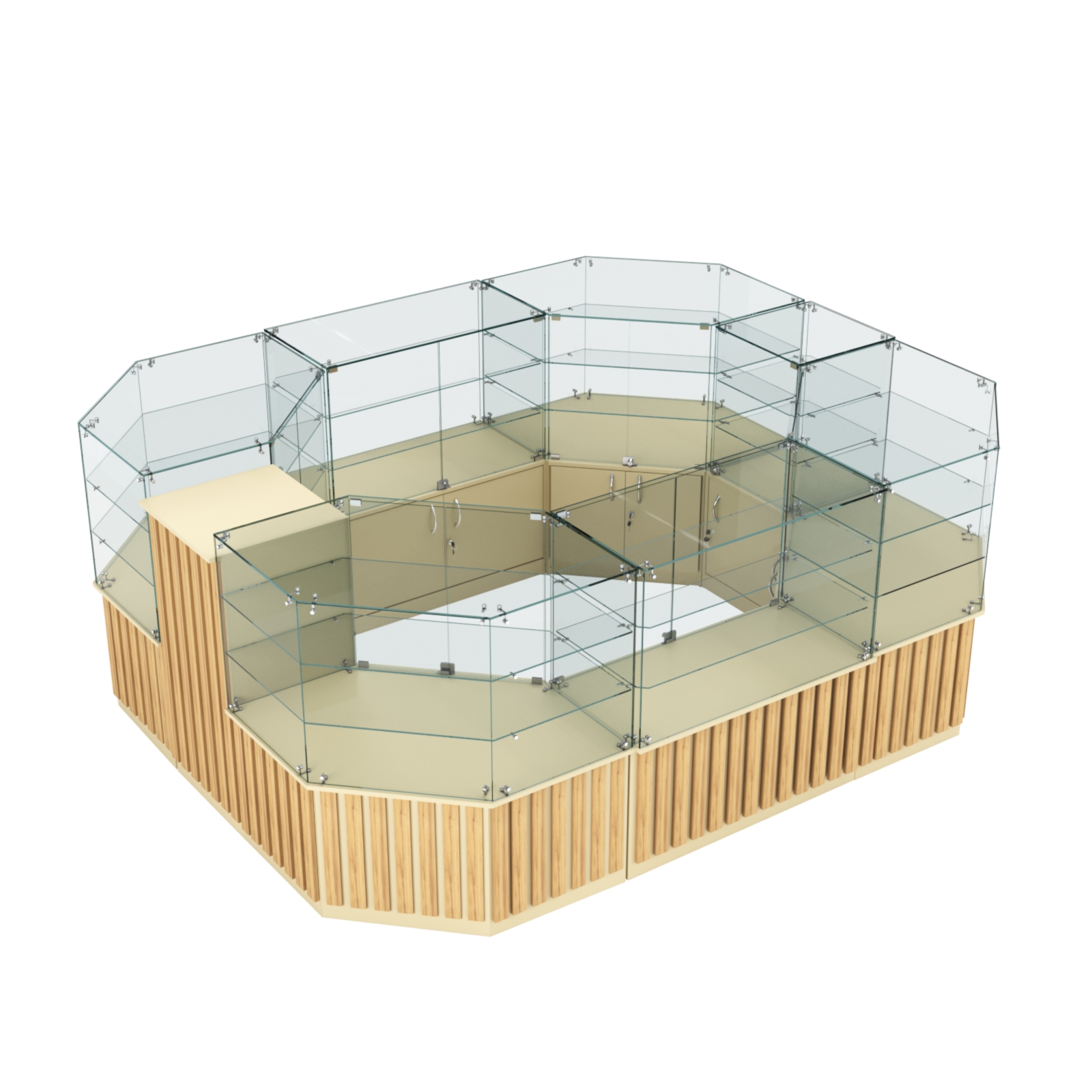 Торговый прямоугольный островок с низким накопителем и планками серии ПРИЛИВ №1 (6,48 кв.м) Крем Вайс и Дуб Золотистый