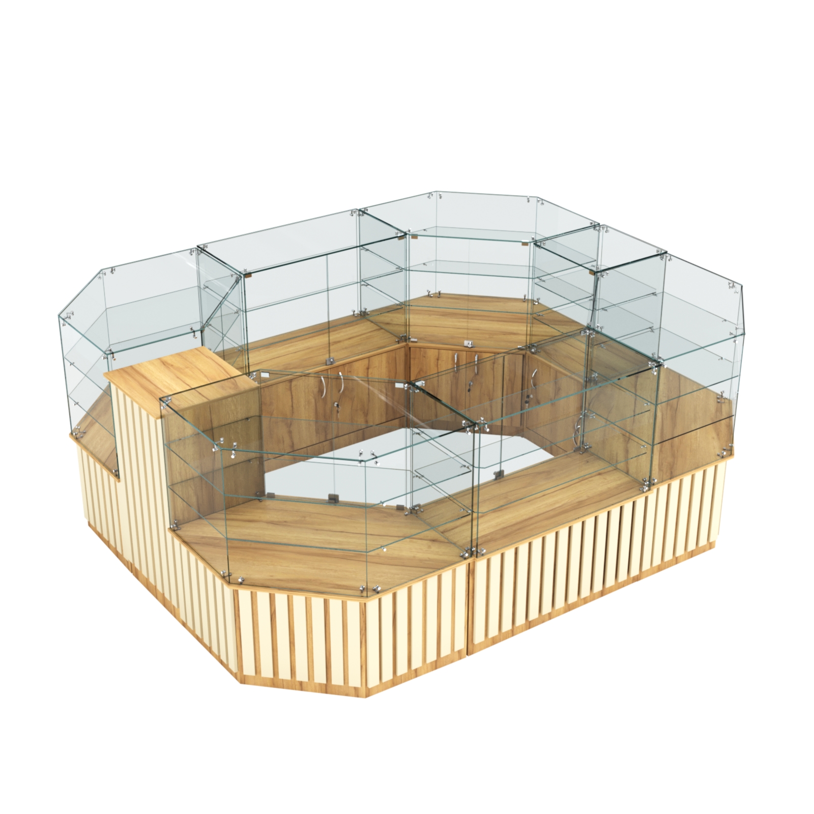 Торговый прямоугольный островок с низким накопителем и планками серии ПРИЛИВ №1 (6,48 кв.м) Дуб Золотистый и Крем Вайс