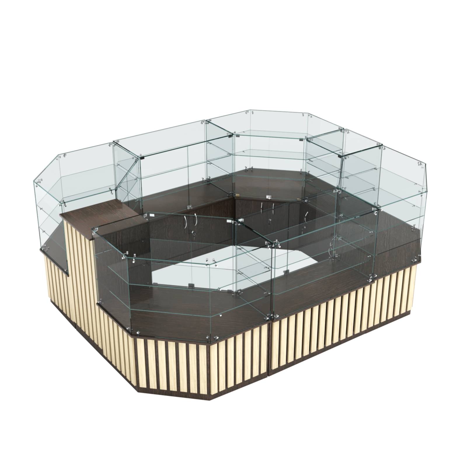 Торговый прямоугольный островок с низким накопителем и планками серии ПРИЛИВ №1 (6,48 кв.м) Дуб Венге + Дуб Сонома