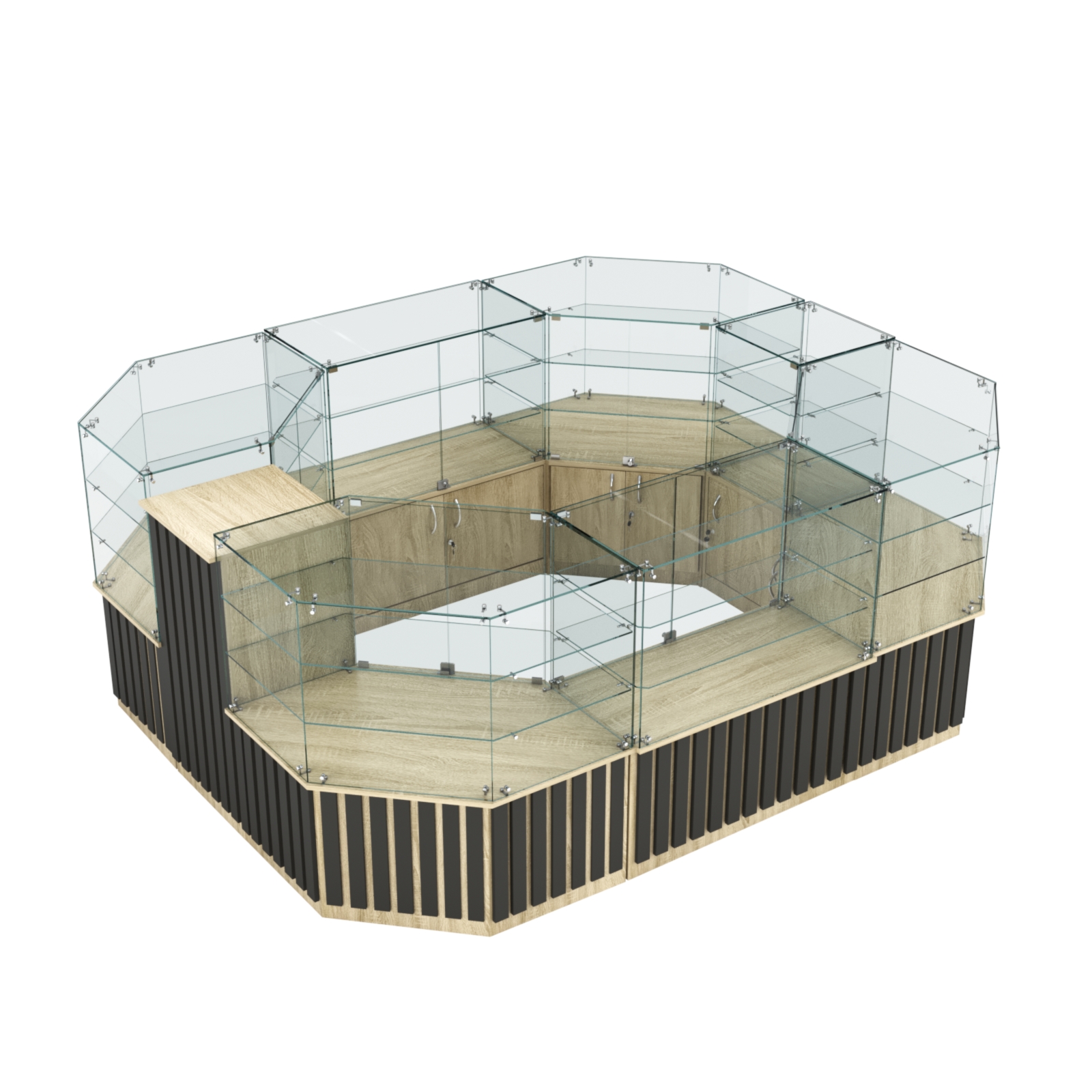 Торговый прямоугольный островок с низким накопителем и планками серии ПРИЛИВ №1 (6,48 кв.м) Дуб сонома, Черный