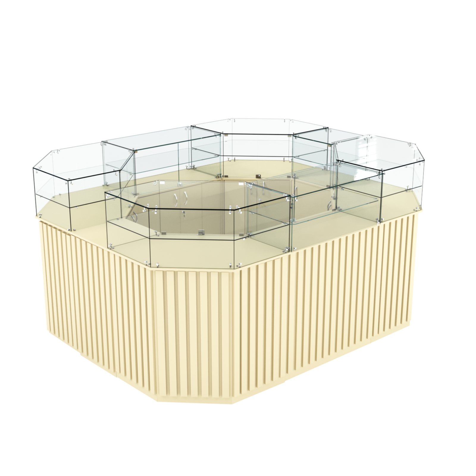 Торговый прямоугольный островок с высоким накопителем и планками серии ПРИЛИВ №4 (6,48 кв.м) Крем Вайс