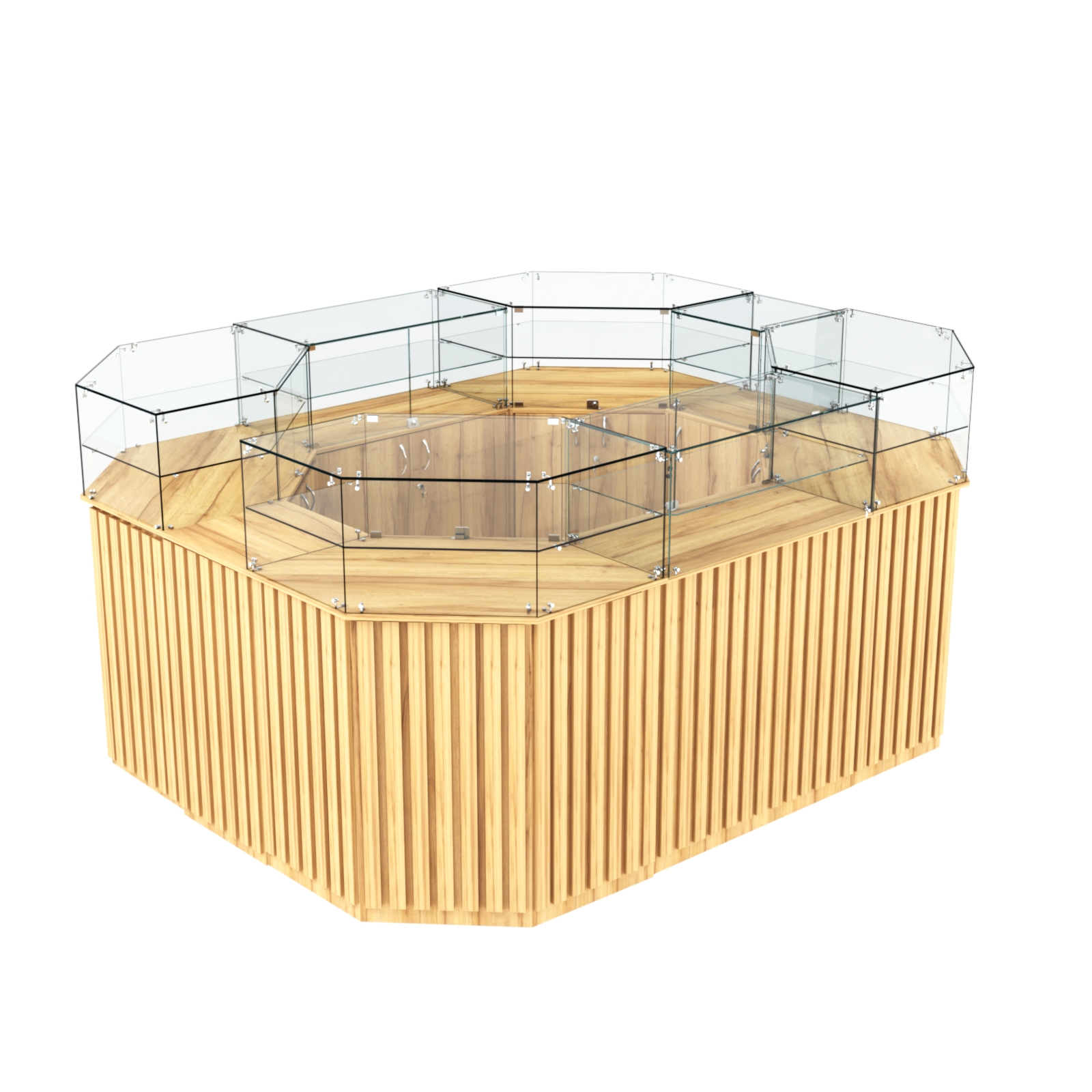 Торговый прямоугольный островок с высоким накопителем и планками серии ПРИЛИВ №4 (6,48 кв.м) Дуб Золотистый