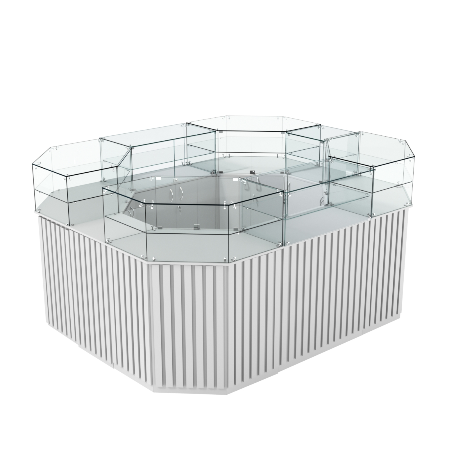 Торговый прямоугольный островок с высоким накопителем и планками серии ПРИЛИВ №4 (6,48 кв.м) Серый