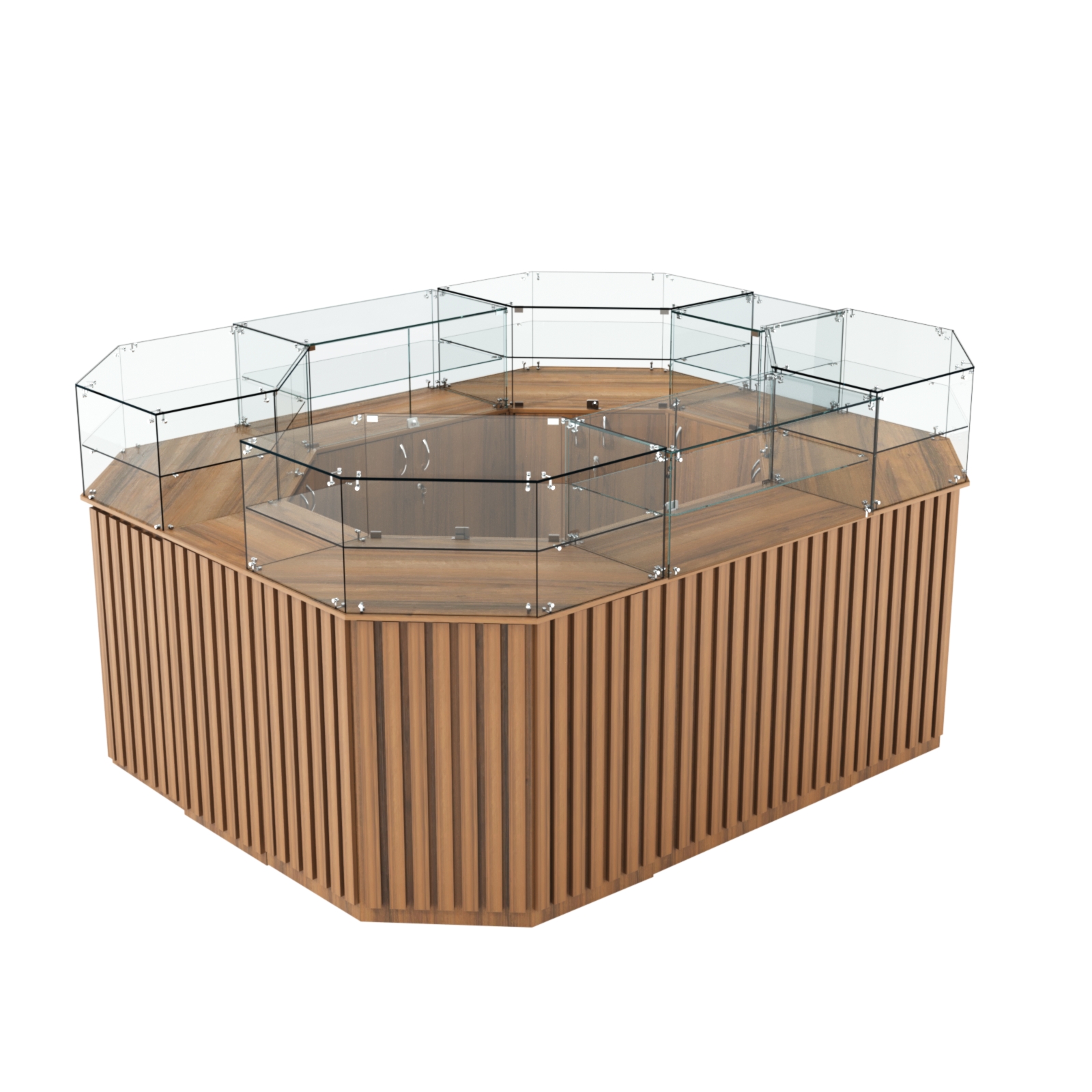 Торговый прямоугольный островок с высоким накопителем и планками серии ПРИЛИВ №4 (6,48 кв.м) Орех